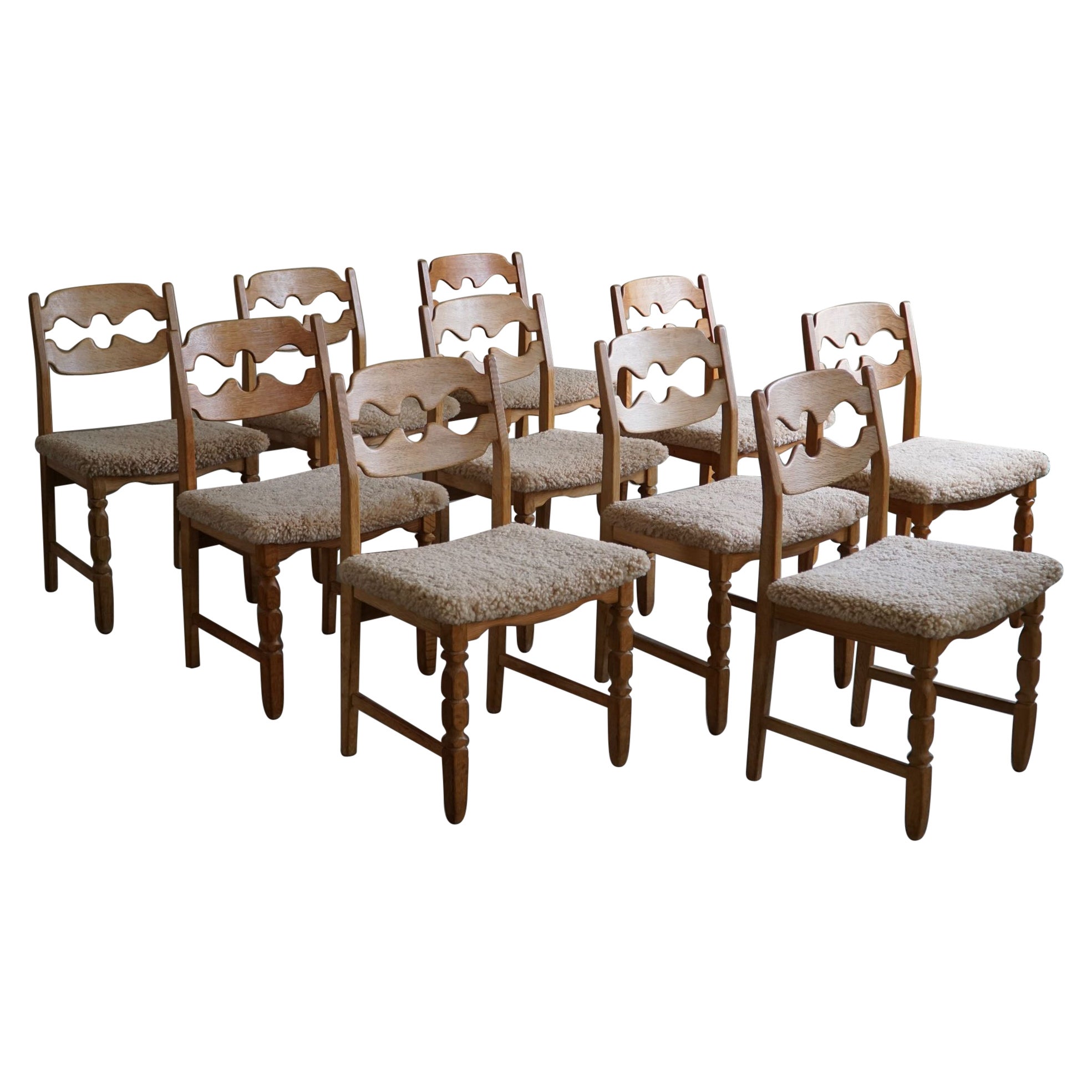 Set of 10 Henning Kjærnulf "Razorblade" Chairs in Oak 
Lambswool, 1960s