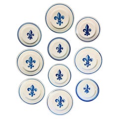Set of 10 Henriot Quimper French Faience Fleur-de-Lis Plates in Blue and Cream
