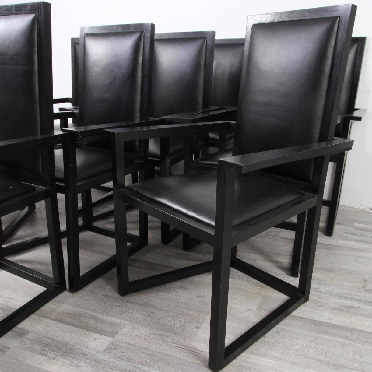 Modern Set of 10 High Back Black Leather & Oak Armchairs For Sale