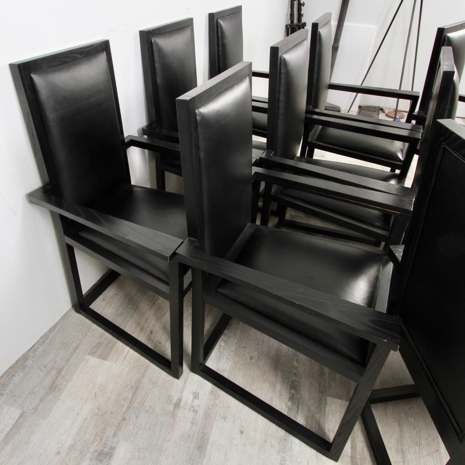 American Set of 10 High Back Black Leather & Oak Armchairs For Sale