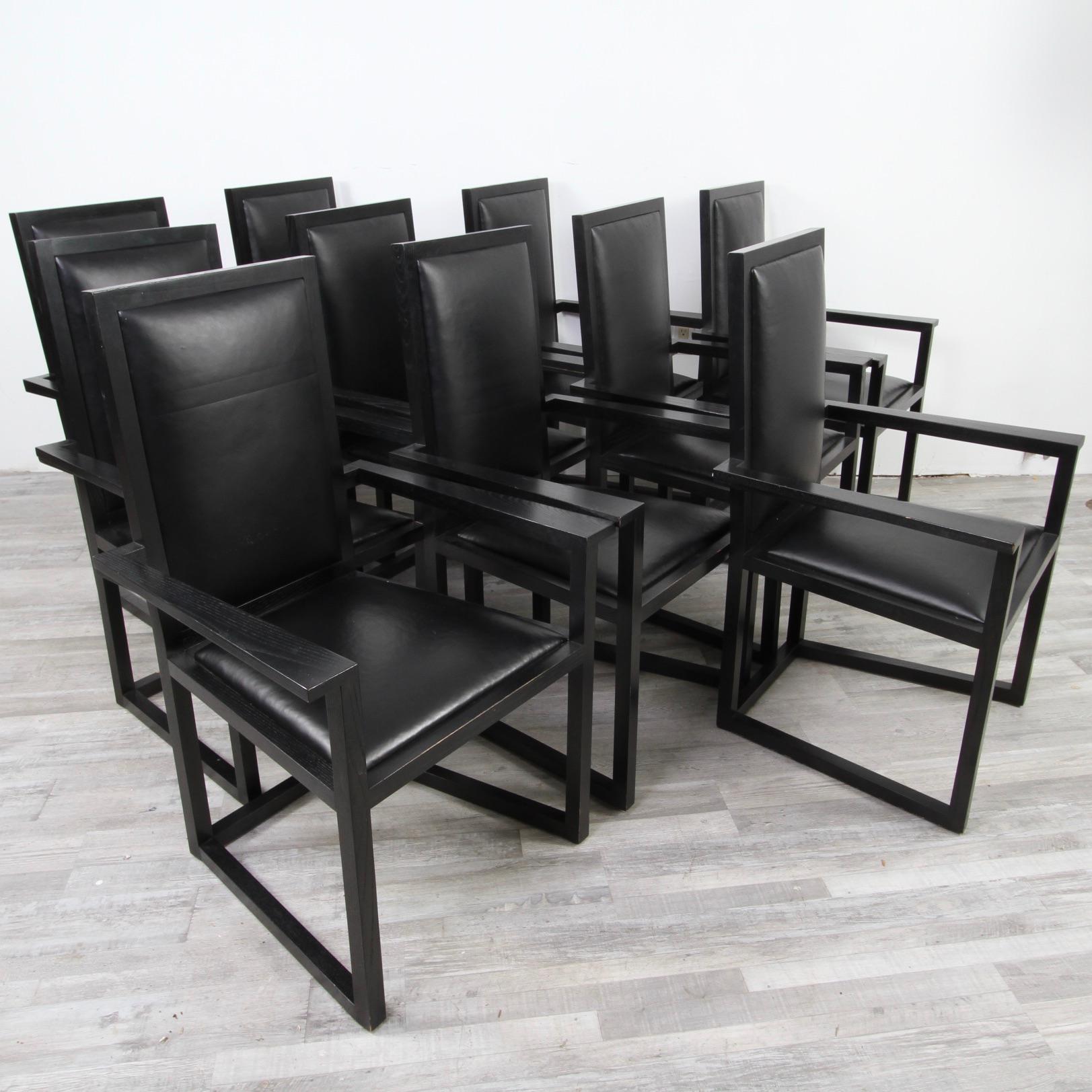 Set of 10 High Back Black Leather & Oak Armchairs For Sale 2