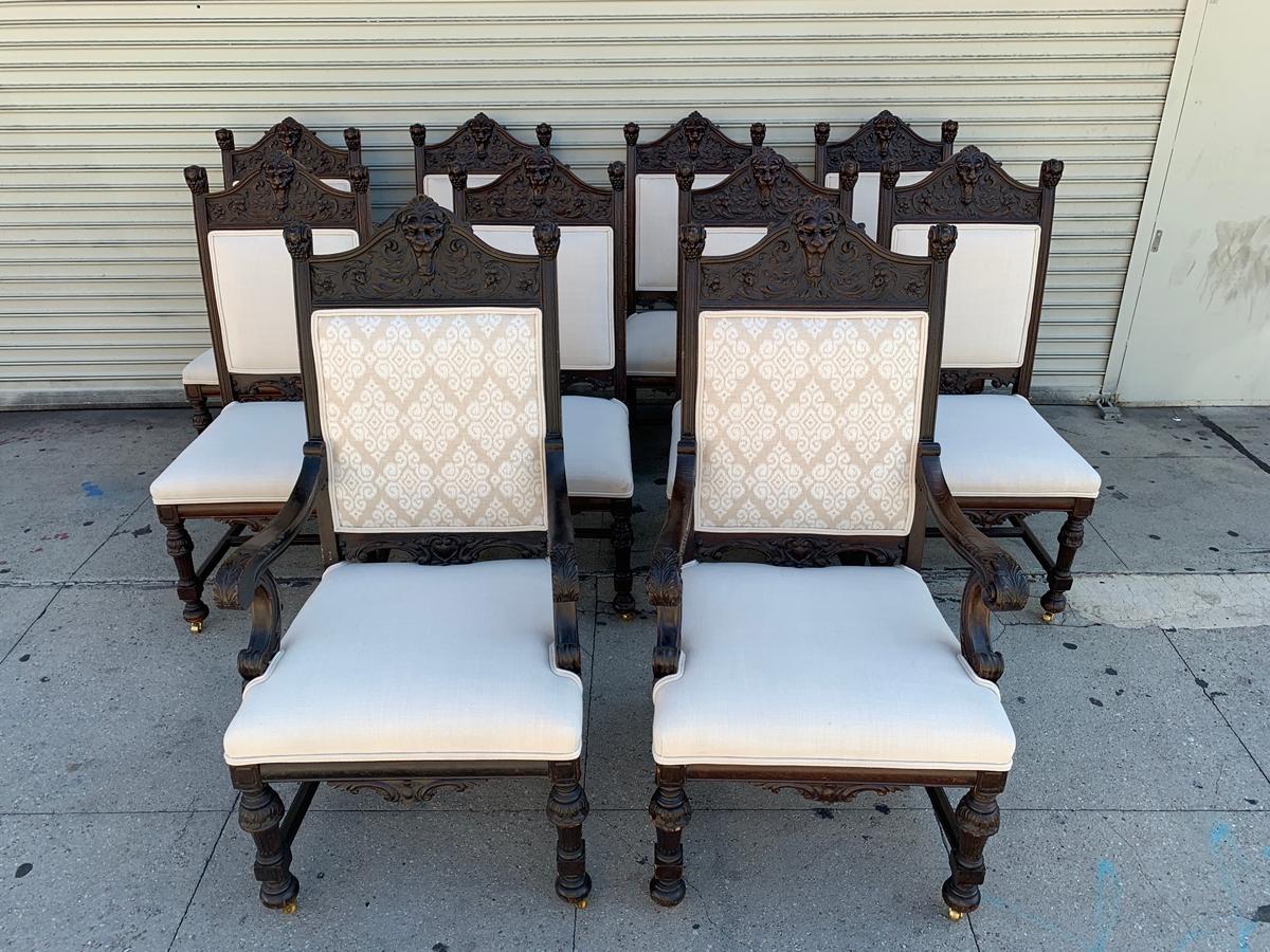 North American Set of 10 High Back Chairs with Carved Wooden Frames For Sale