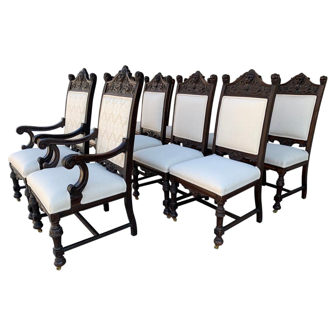 Set of 10 High Back Chairs with Carved Wooden Frames For Sale