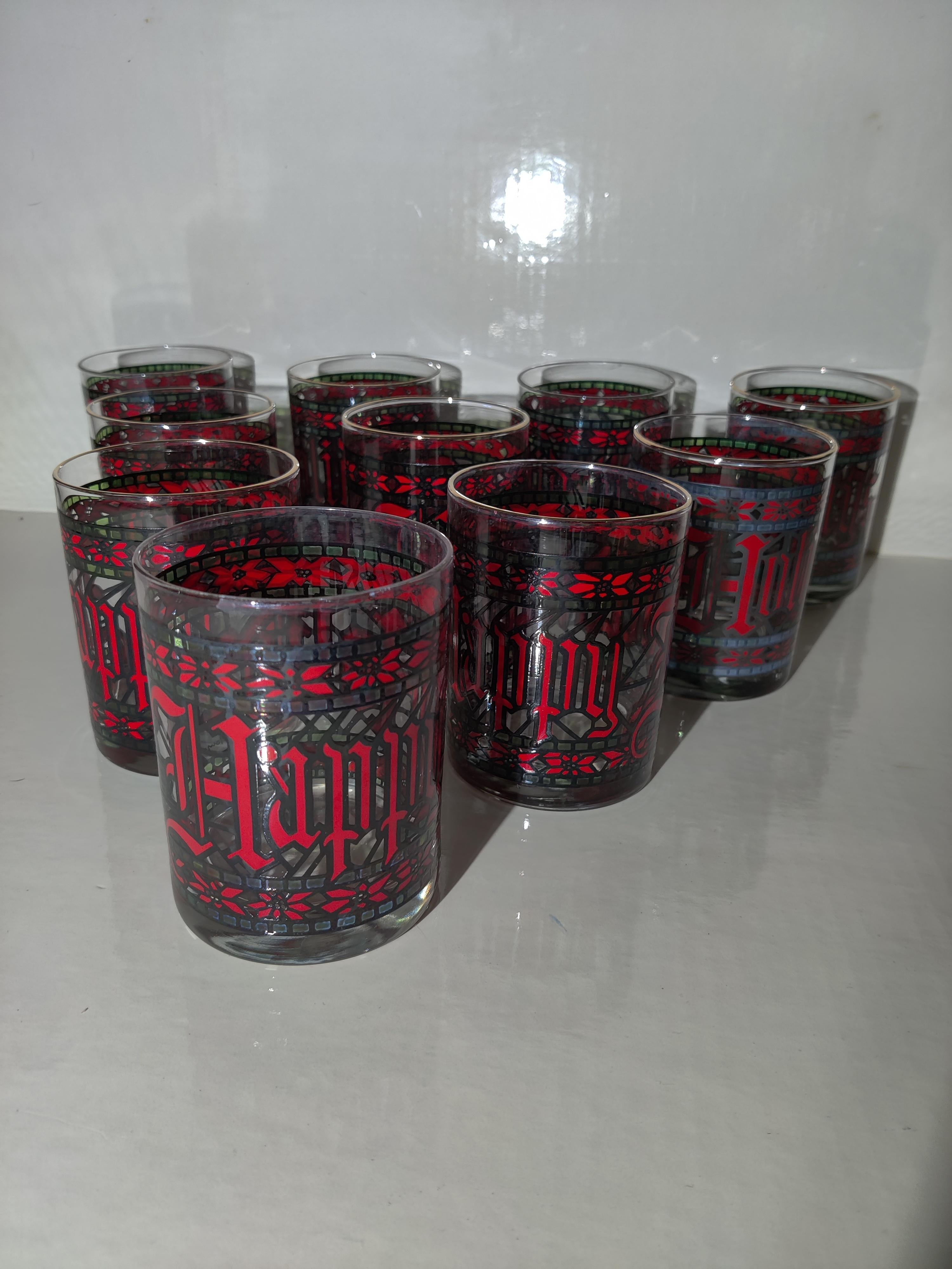 American Set of 10 Houze Happy Holiday Stained Glass Design Tumblers For Sale