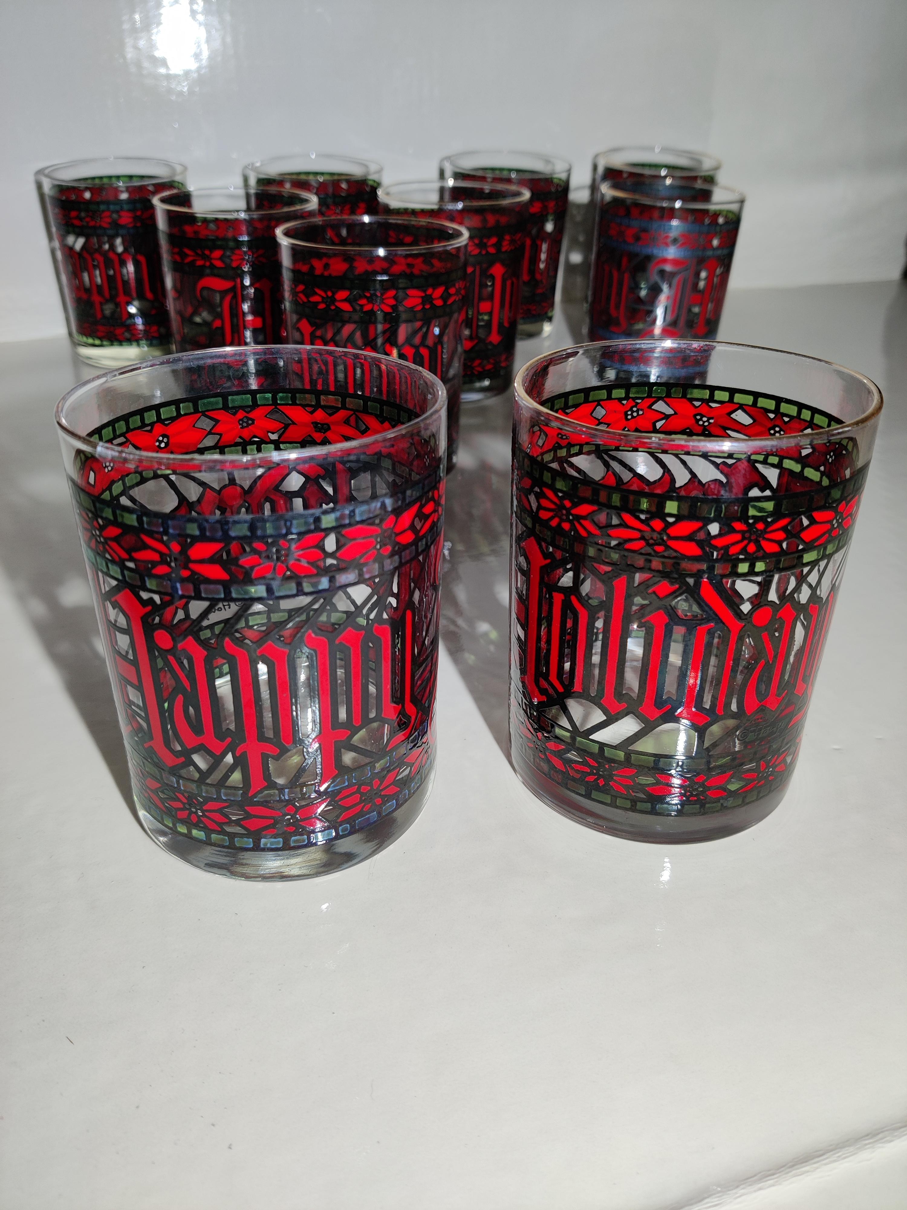 20th Century Set of 10 Houze Happy Holiday Stained Glass Design Tumblers For Sale