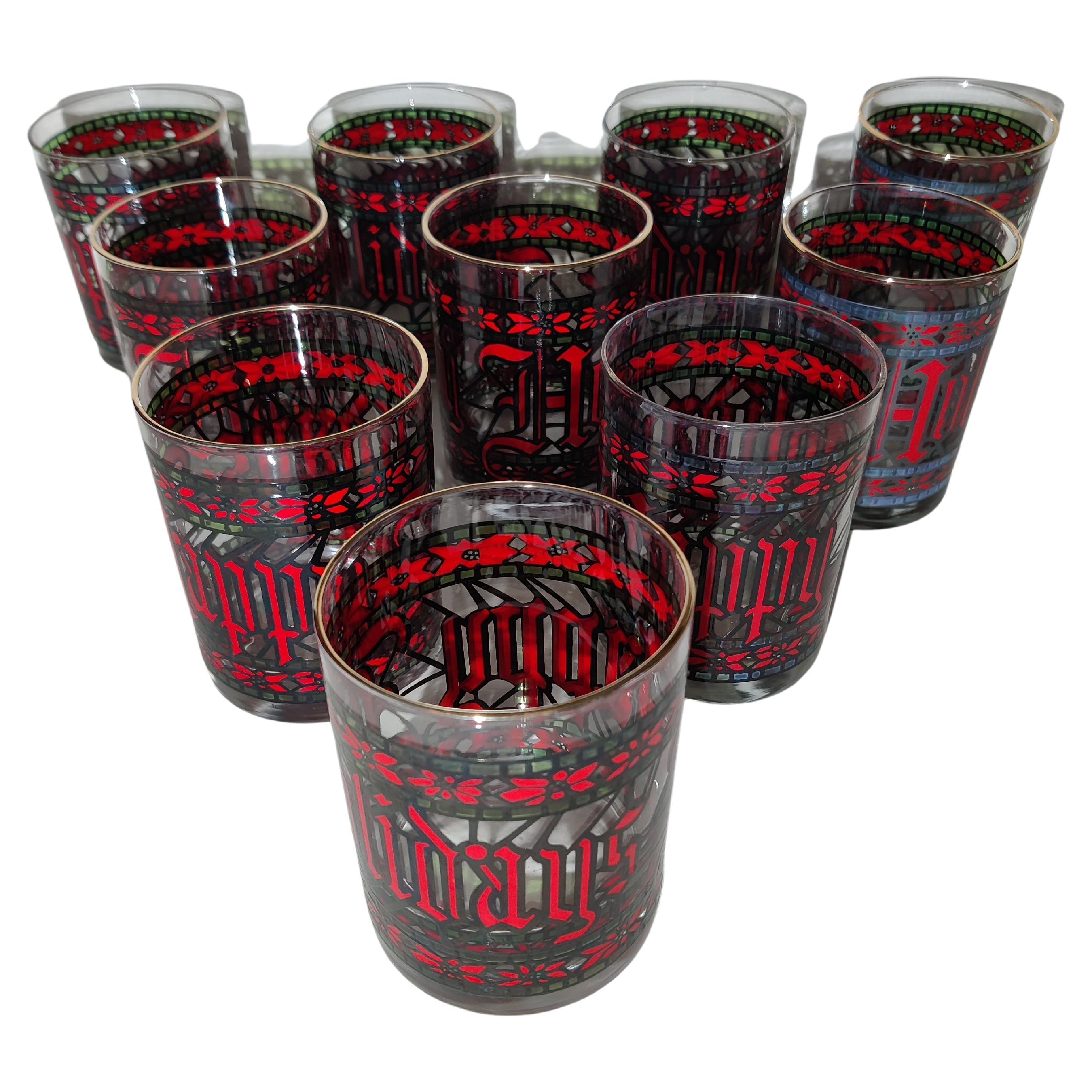 Set of 10 Houze Happy Holiday Stained Glass Design Tumblers For Sale