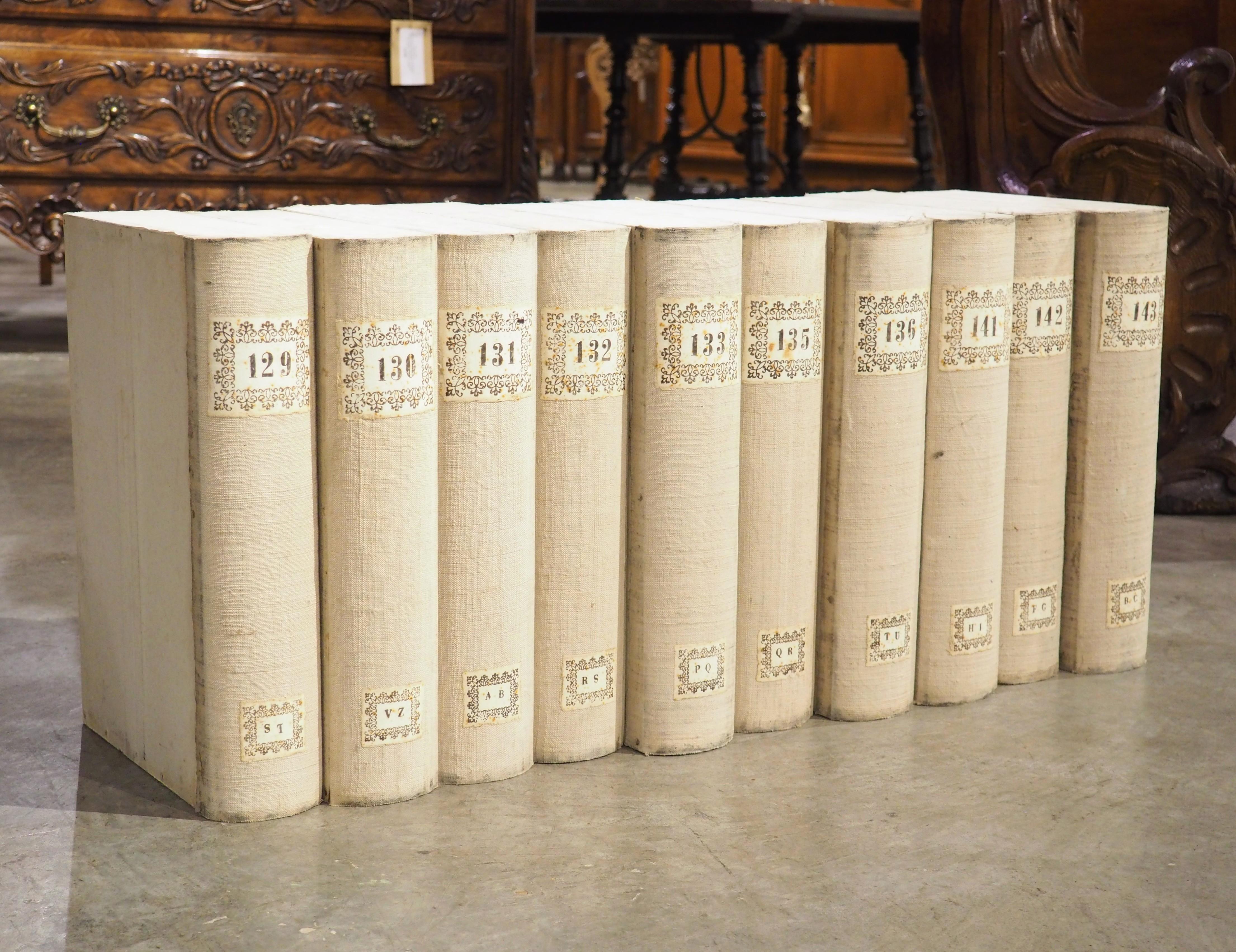 Textile Set of 10 Italian Board and Linen Document Boxes, Circa 1915 For Sale