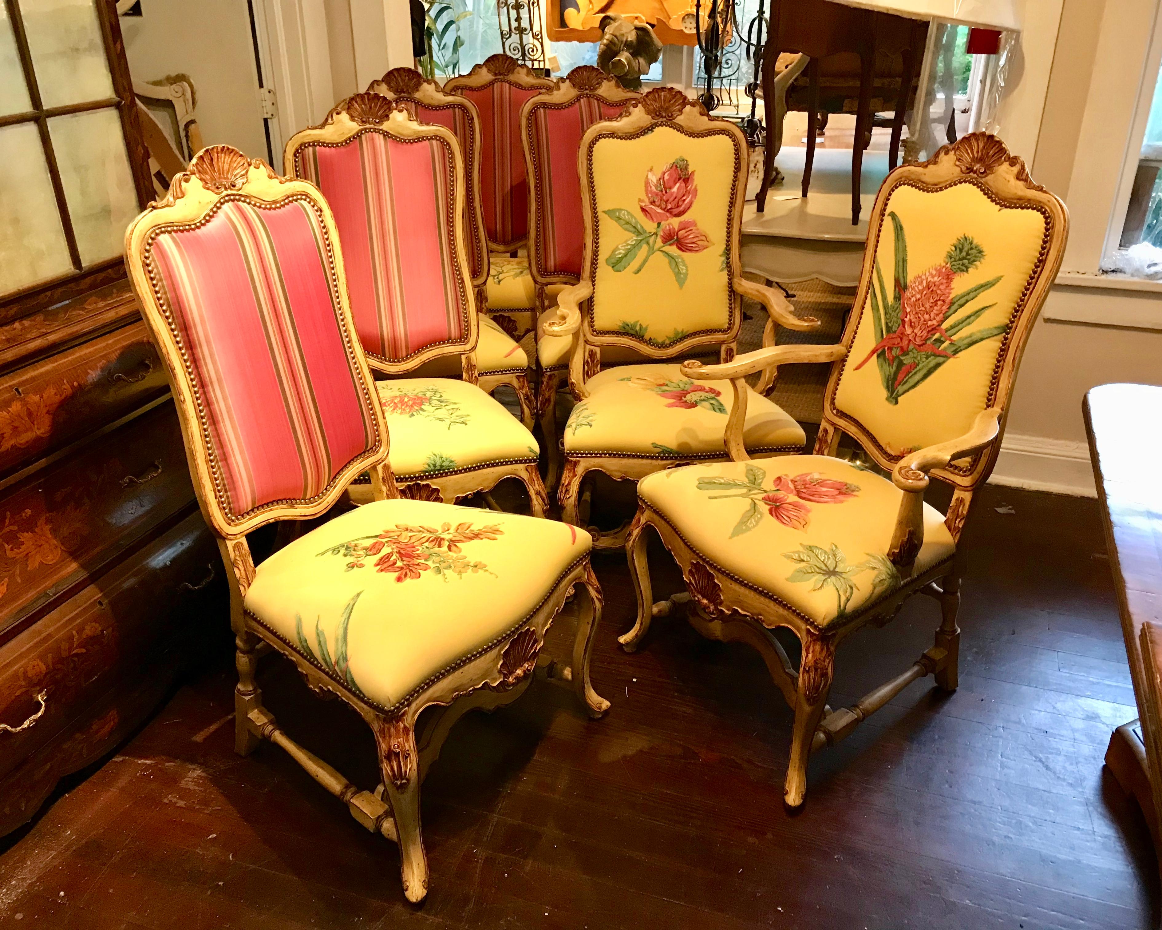 This is an impressive set of 10 dining chairs obtained from a large home in Palm Beach, handmade in Italy in the late 1900s.
There are 8 singles and 2 arm chairs all with high backs and a crest to the top.
They sit on Queen Anne style legs all