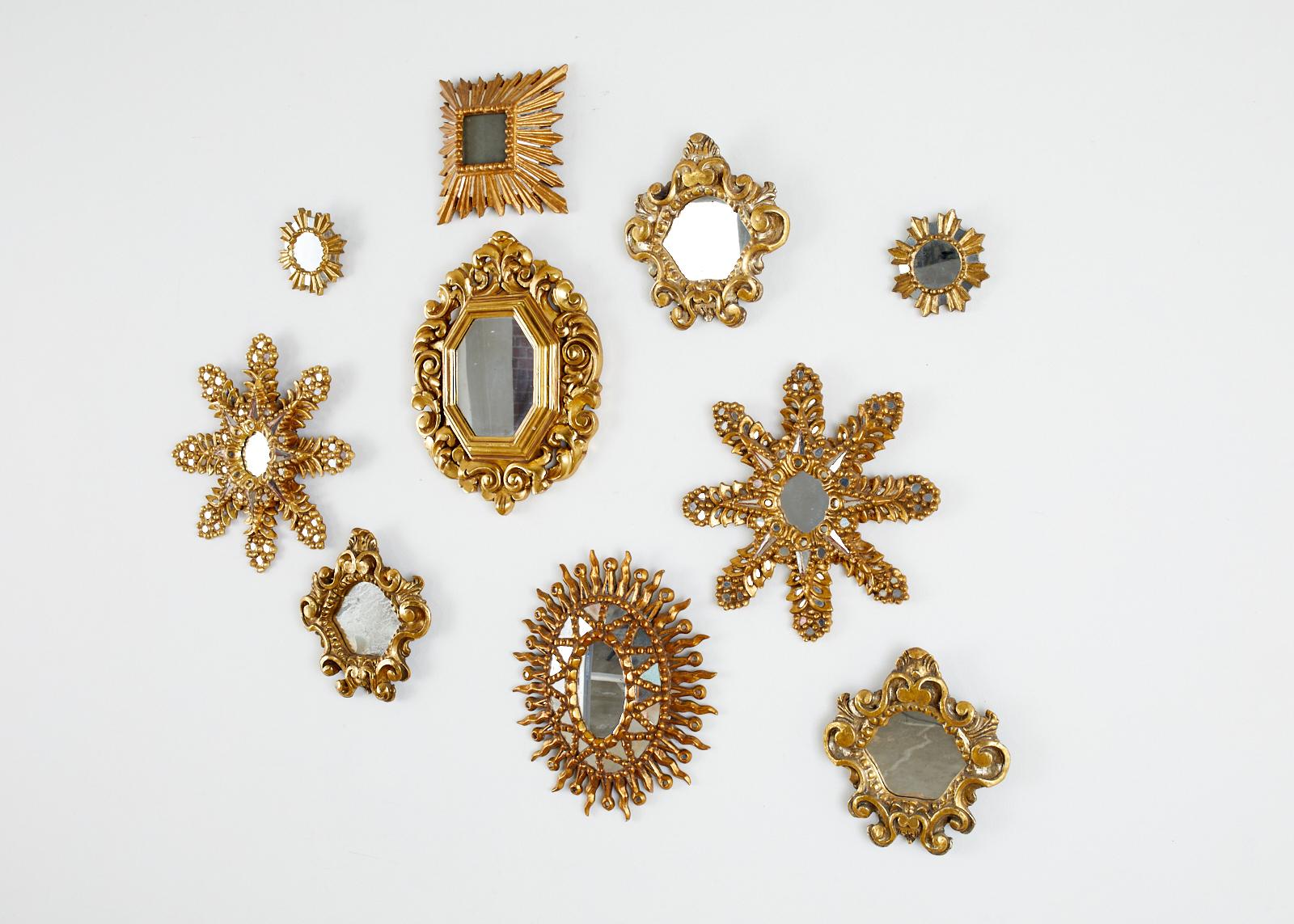Hand-Crafted Set of 10 Italian Giltwood Baroque Style Sunburst Mirrors