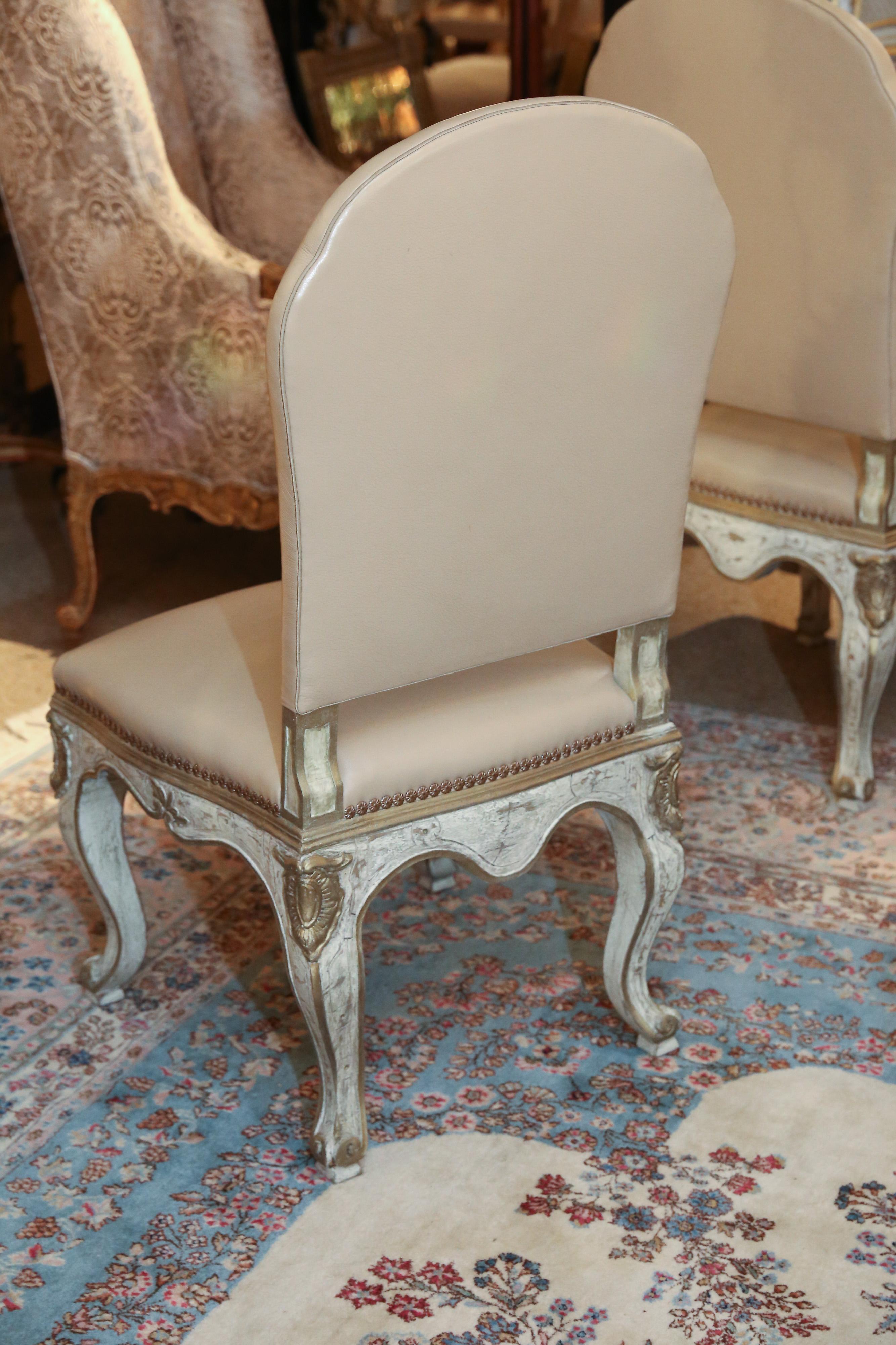 20th Century Set of 10 Italian Painted Dining Side Chairs in Cream Leather Upholstery