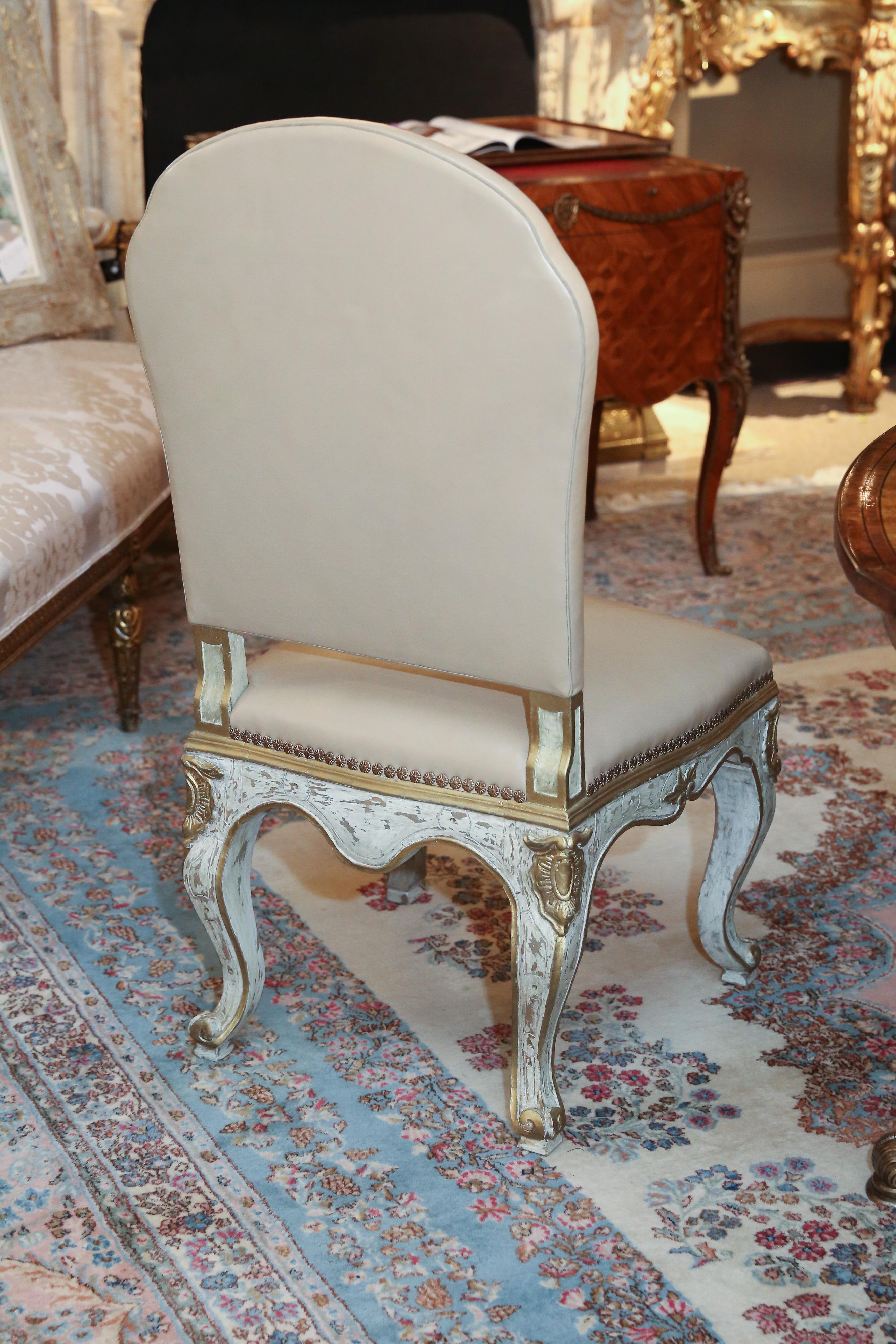 Wood Set of 10 Italian Painted Dining Side Chairs in Cream Leather Upholstery