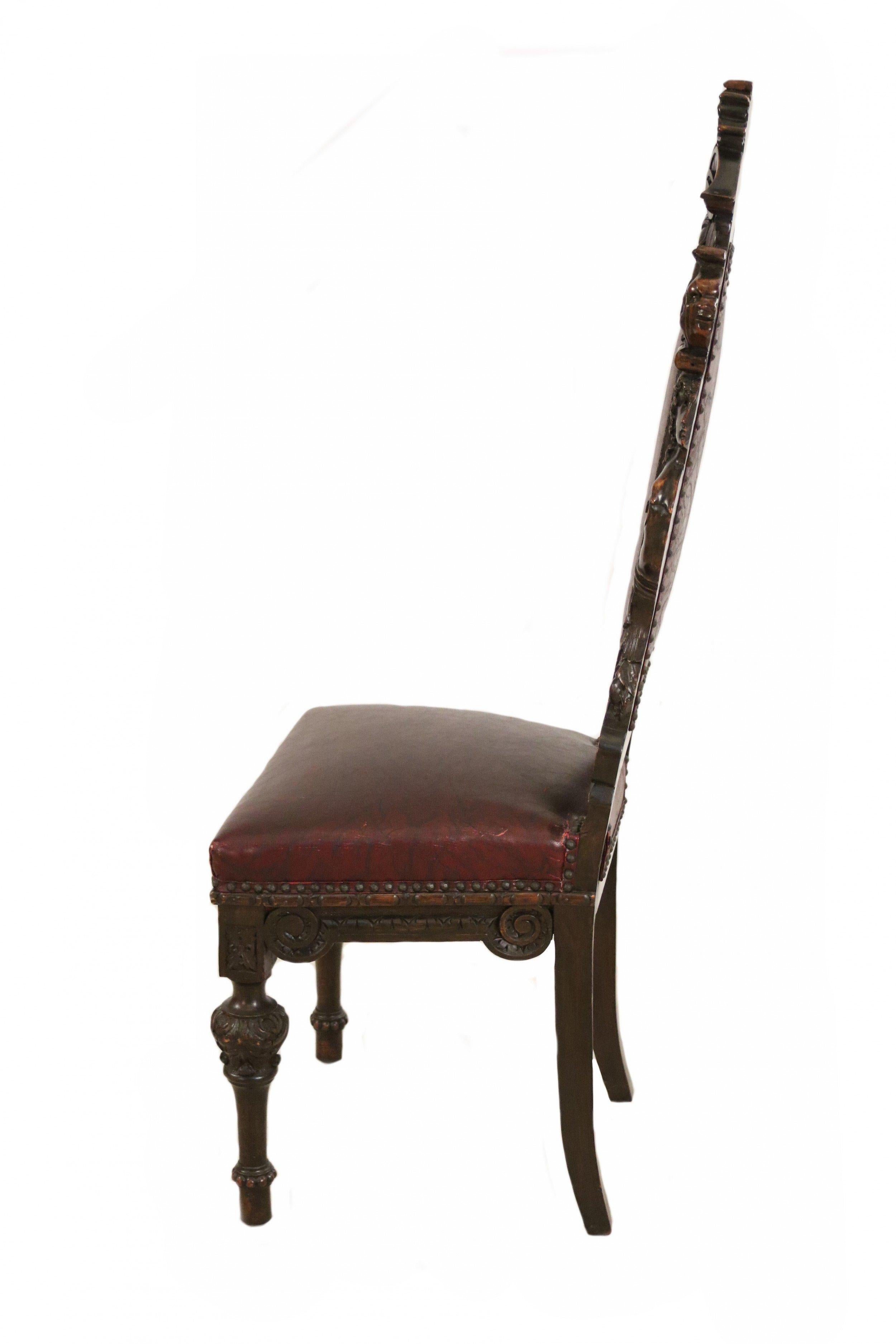 Renaissance Ensemble de 10 pièces en noyer et cuir italien  Chaises d'appoint de salle à manger à dossier haut en vente