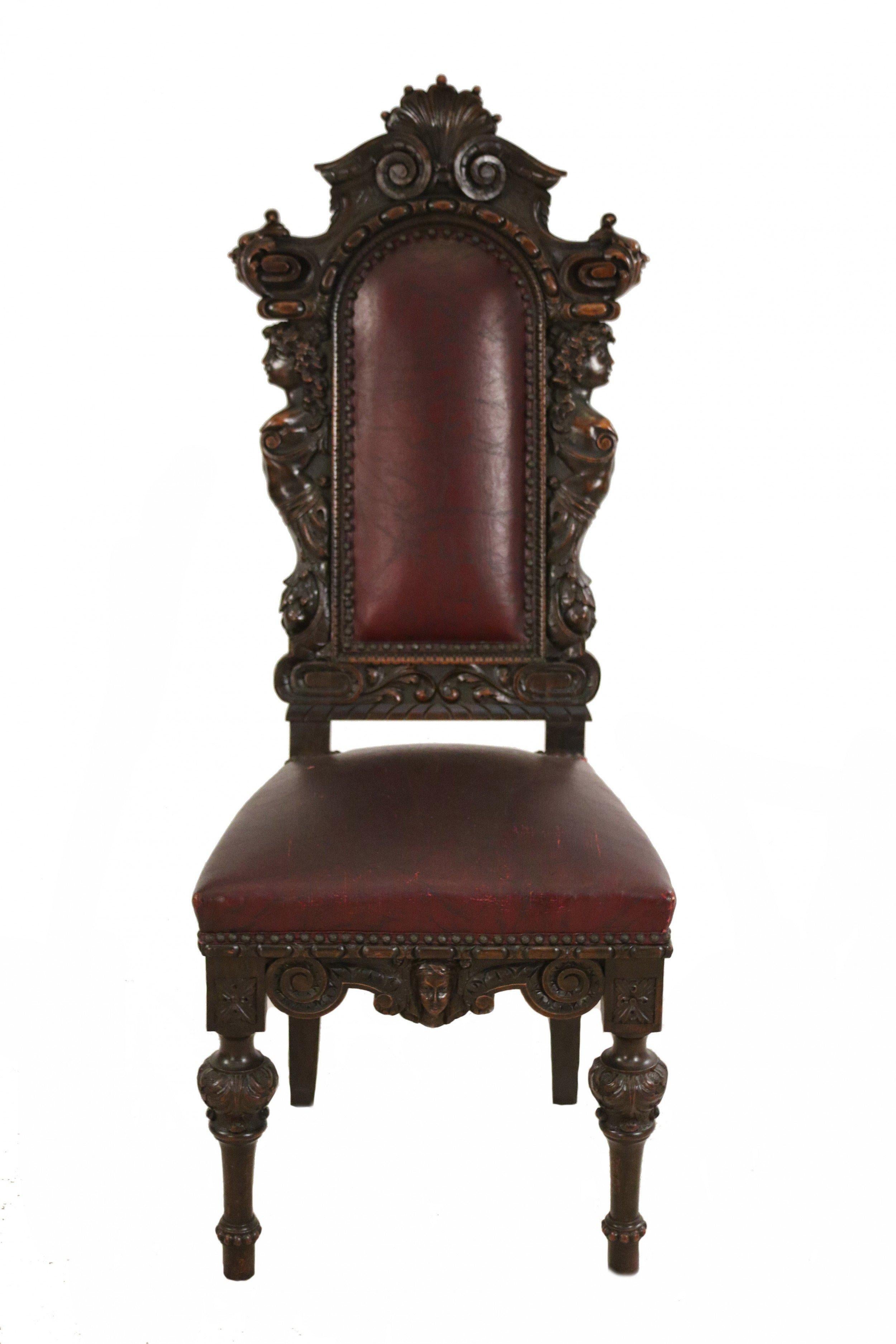 Sculpté à la main Ensemble de 10 pièces en noyer et cuir italien  Chaises d'appoint de salle à manger à dossier haut en vente