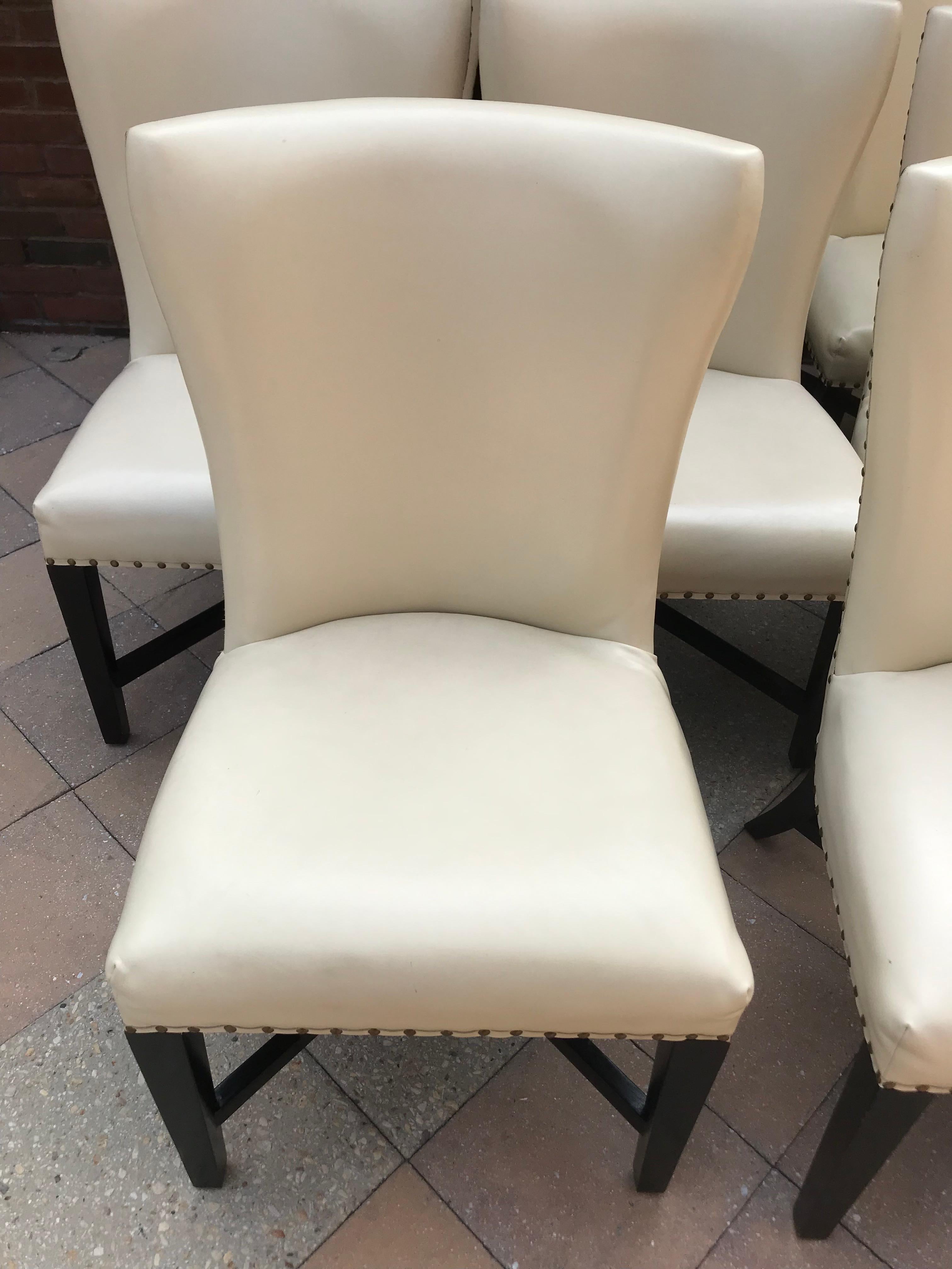 Set of 10 Ivory Leather Dining Chairs with Antique Gold Nailhead Trim 5