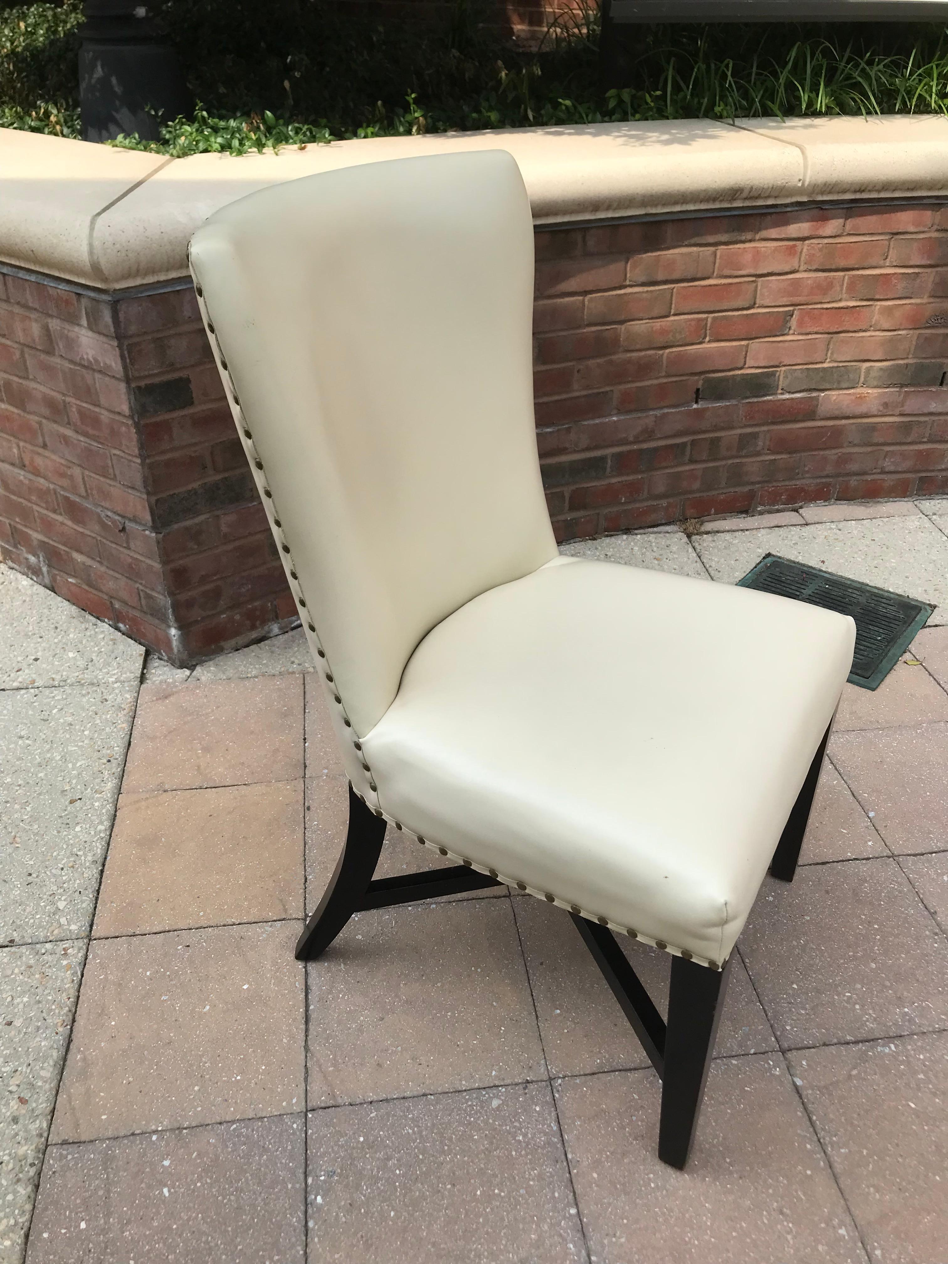American Set of 10 Ivory Leather Dining Chairs with Antique Gold Nailhead Trim