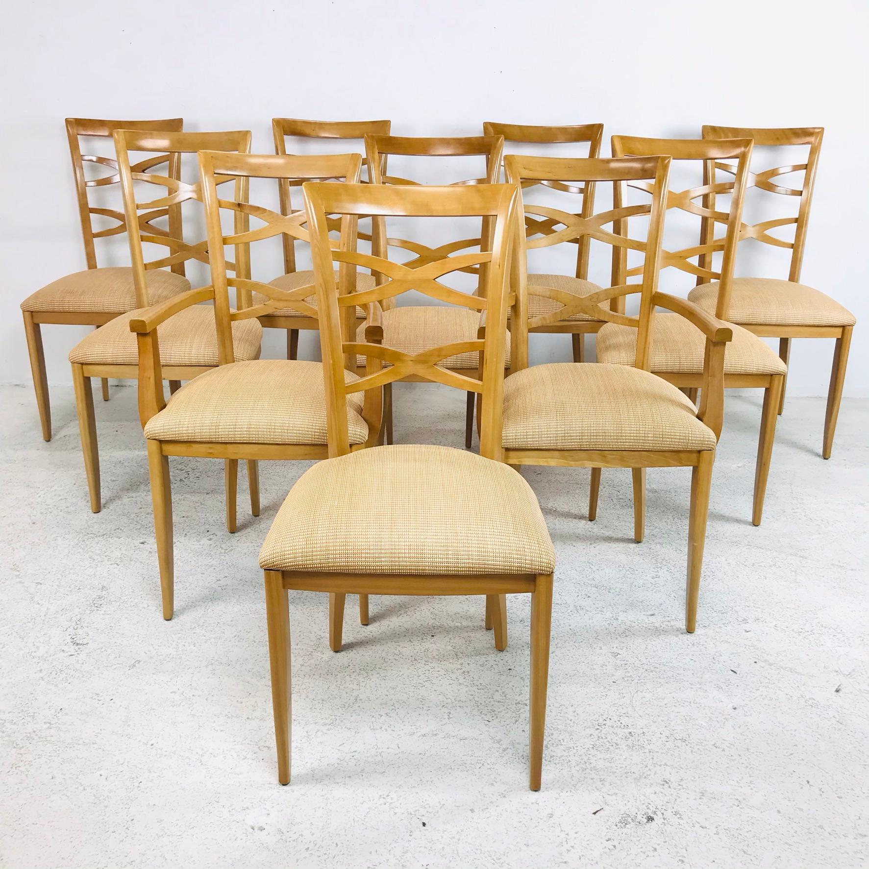 Set of 10 custom dining chairs. 2 armchairs and 8 side chairs.