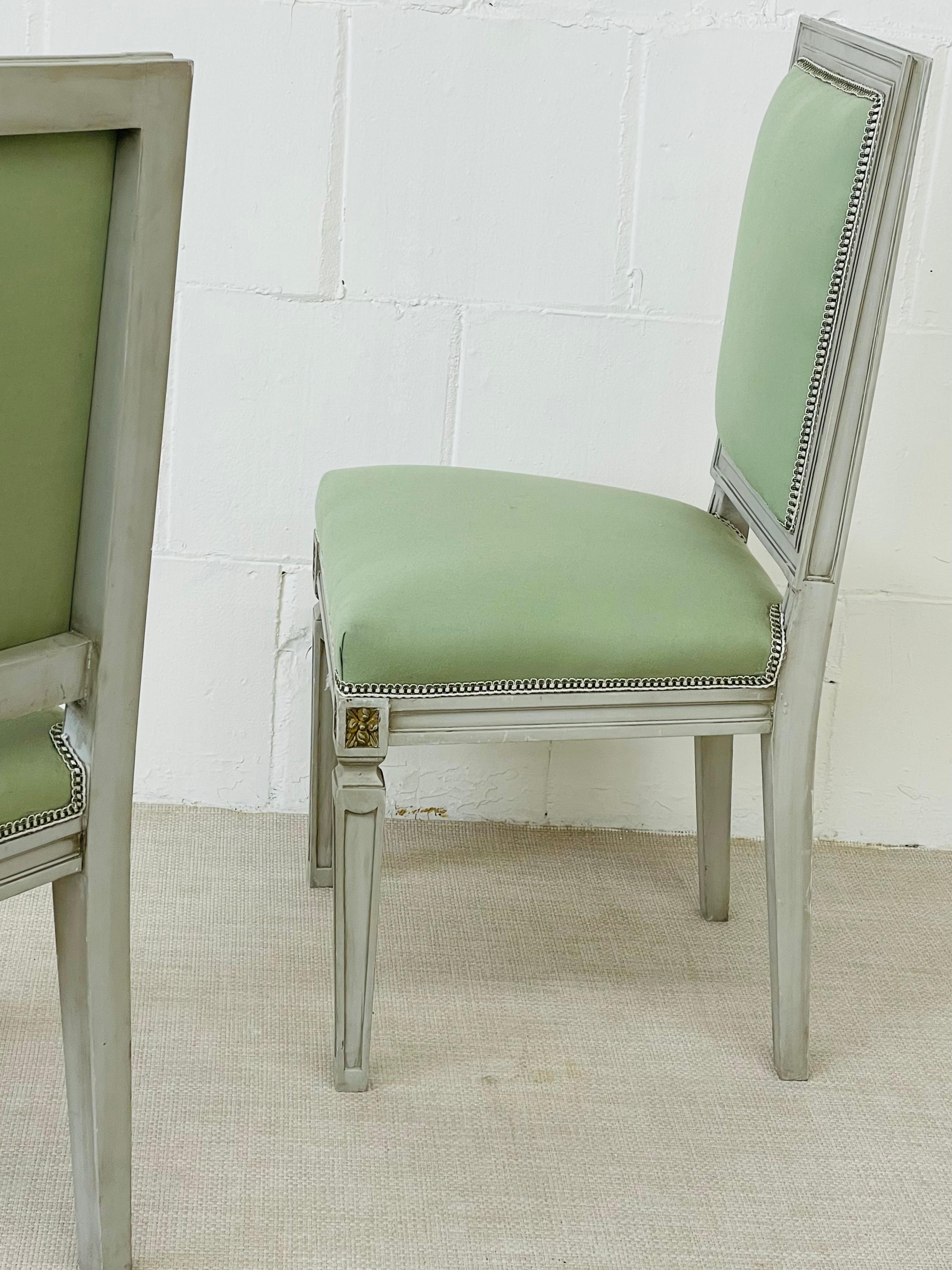 Jansen Style, Louis XVI, Ten Dining Chairs, Grey Painted Wood, Fabric, 1970s 1