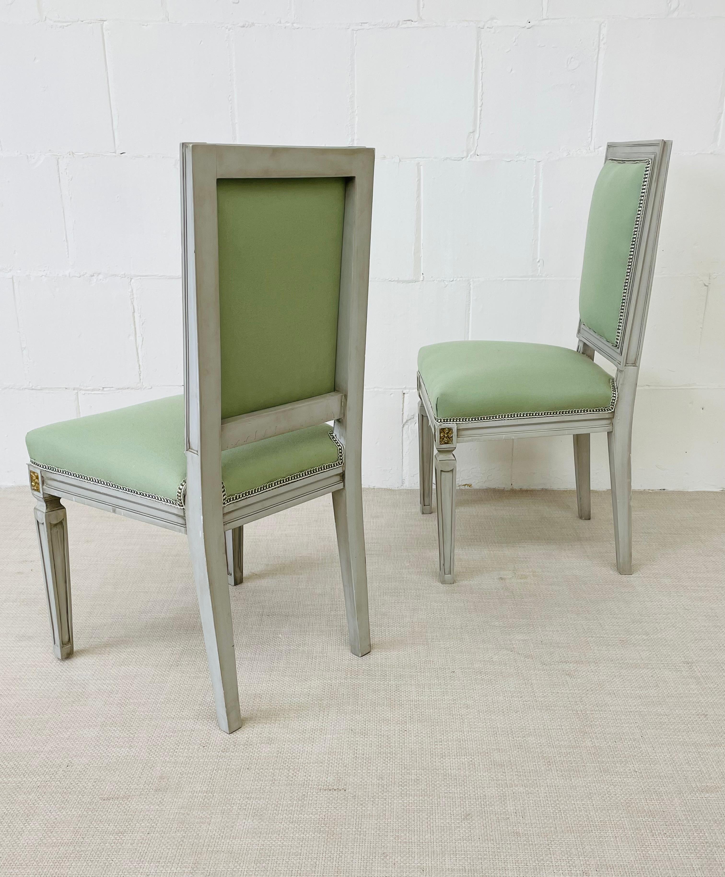 20th Century Jansen Style, Louis XVI, Ten Dining Chairs, Grey Painted Wood, Fabric, 1970s