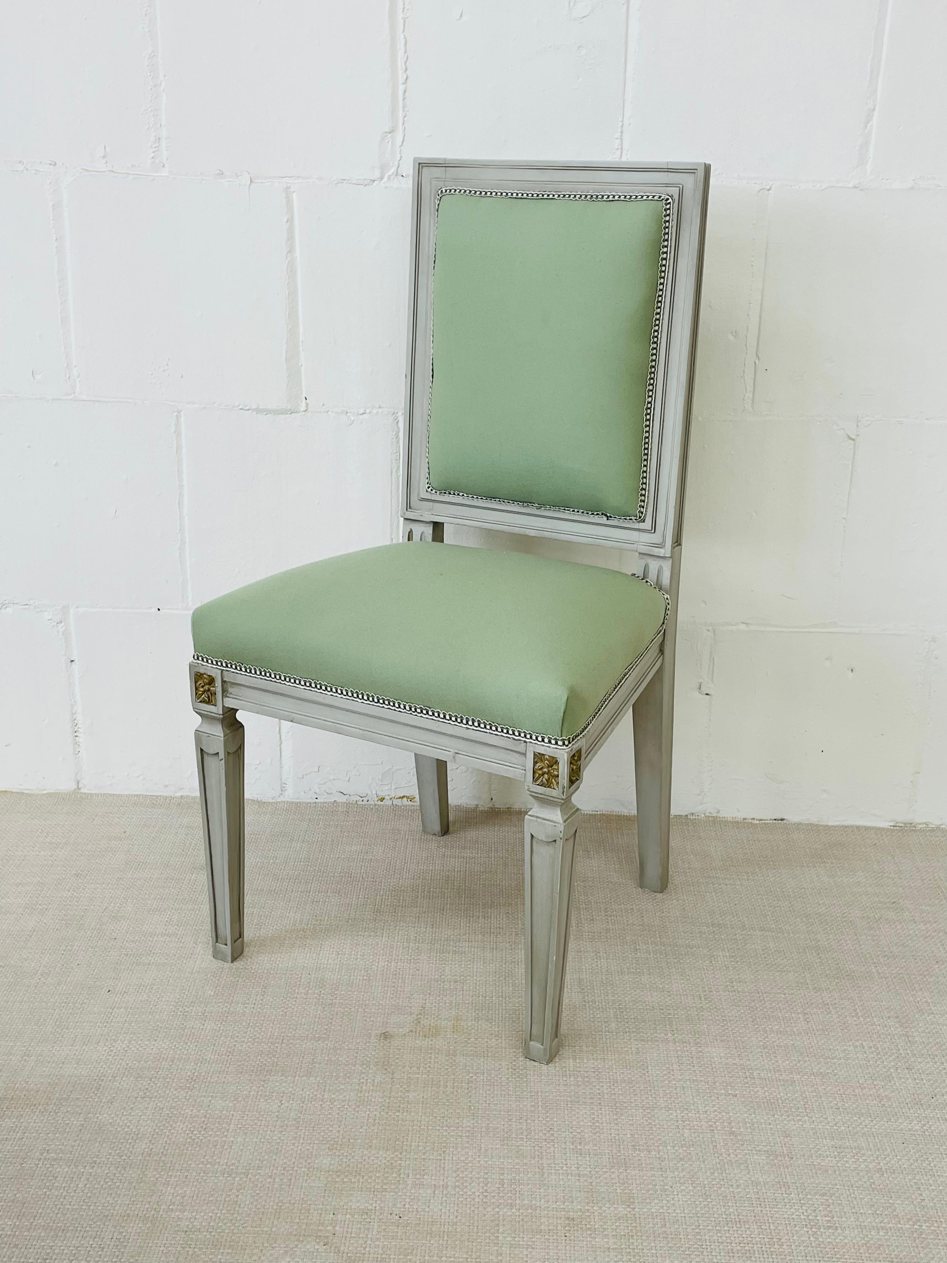 Hollywood Regency Jansen Style, Louis XVI, Ten Dining Chairs, Grey Painted Wood, Fabric, 1970s