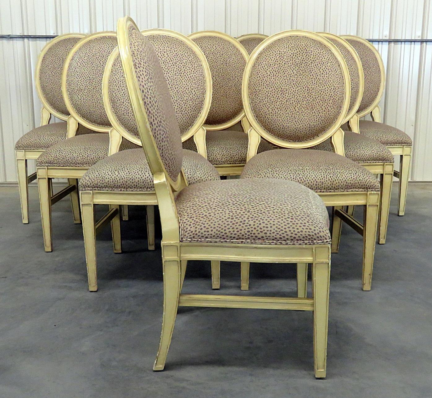 Set of 10 Jansen style distressed painted dining room chairs.