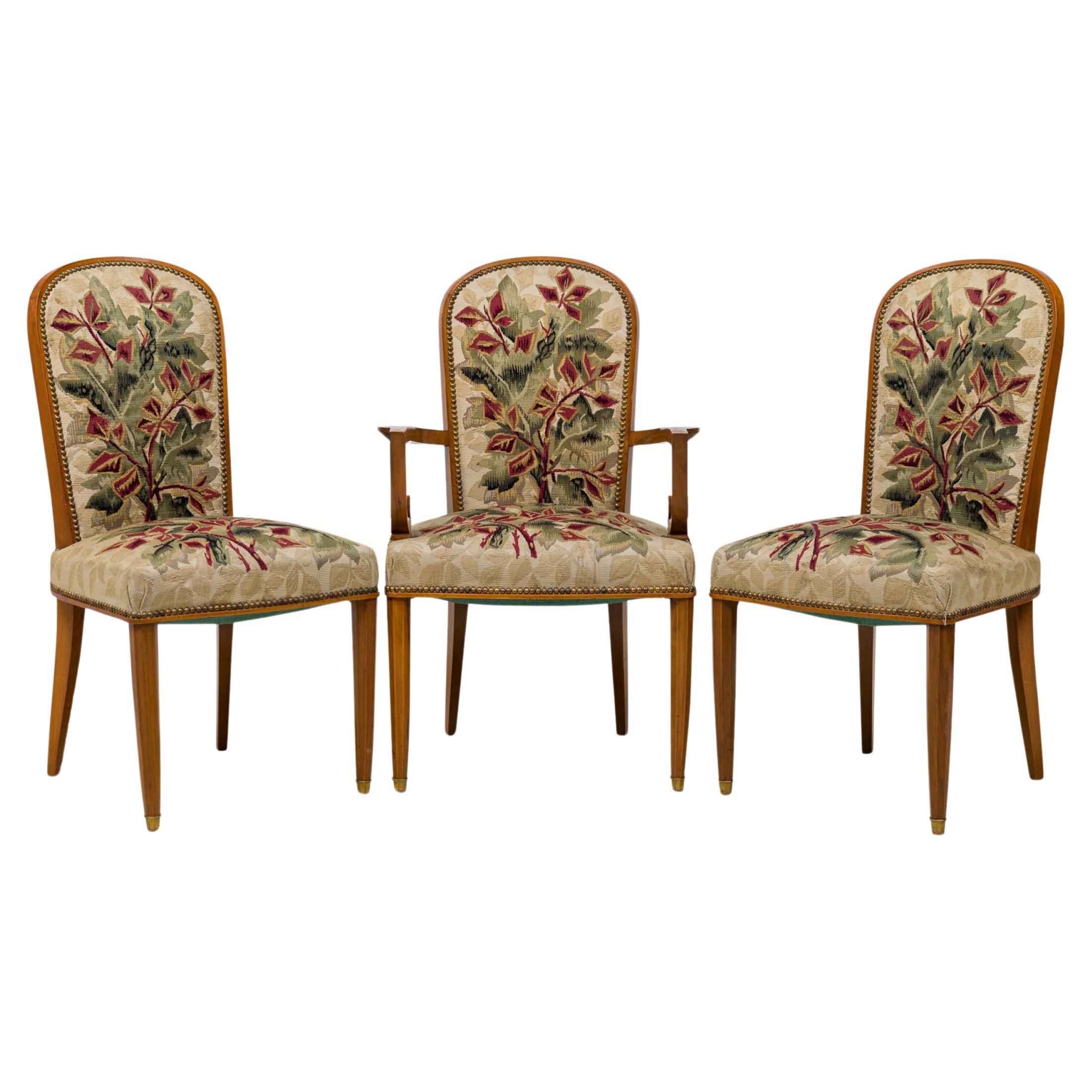 Set di 10 sedie da pranzo moderne francesi in legno e arazzo di Jules Leleu in vendita