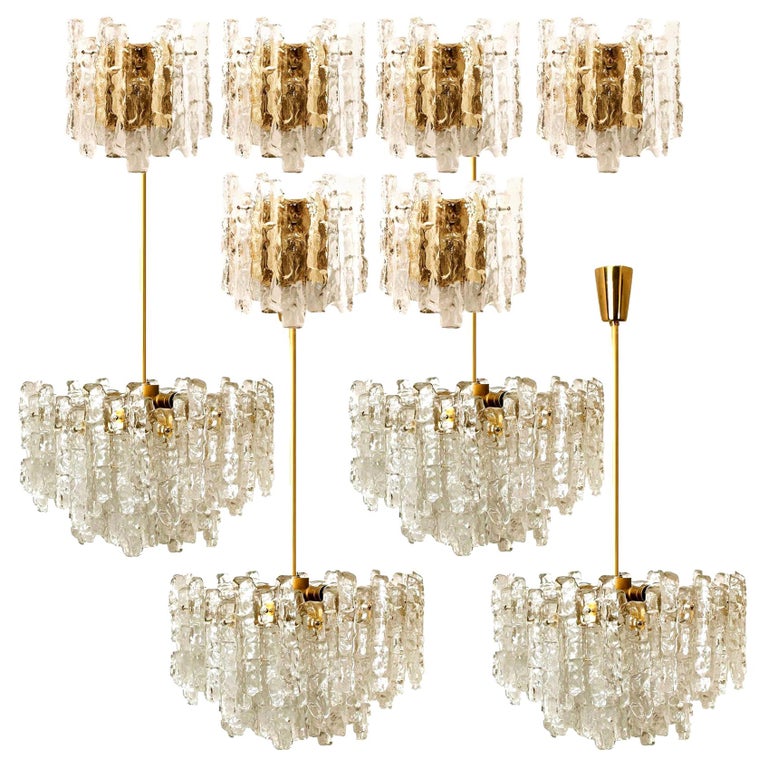 Set of 10 Kalmar Ice Glass Light Fixtures, 6 Wall Scones and 4