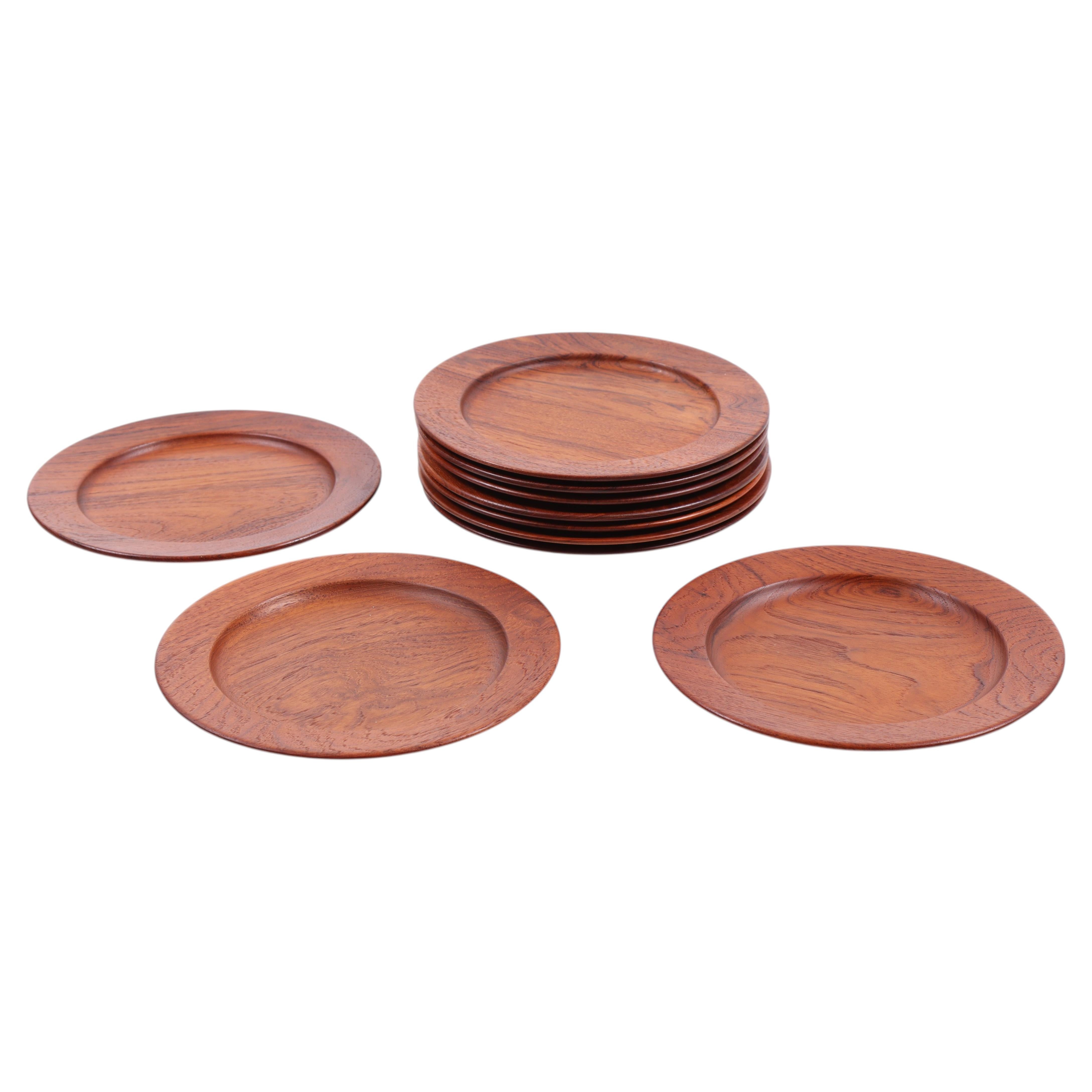 Set of 10 Kay Bojesen Solid Teak Plates, Denmark, 1950s