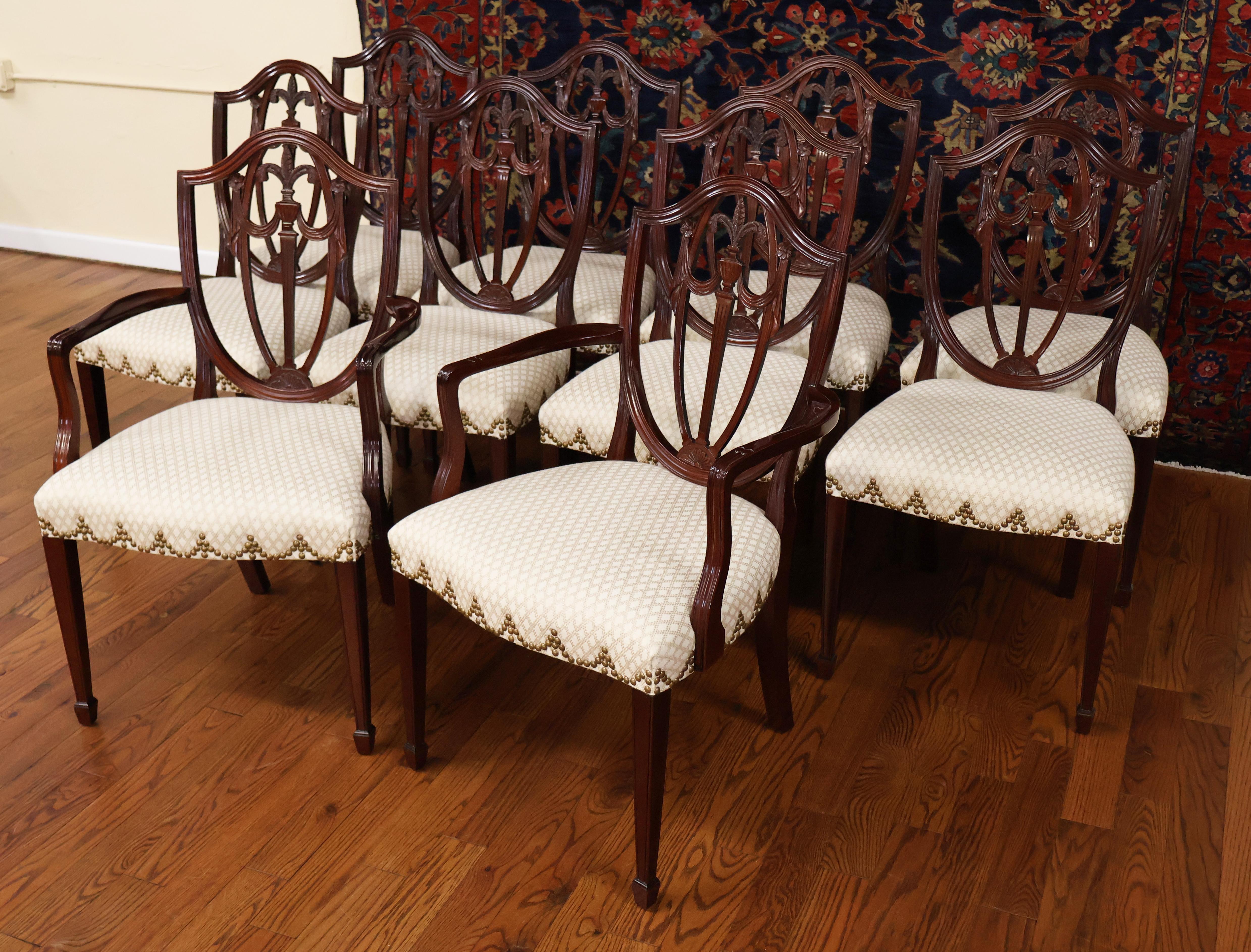 American Set of 10 Kindel Federal Style Shield Back Mahogany Dining Chairs 