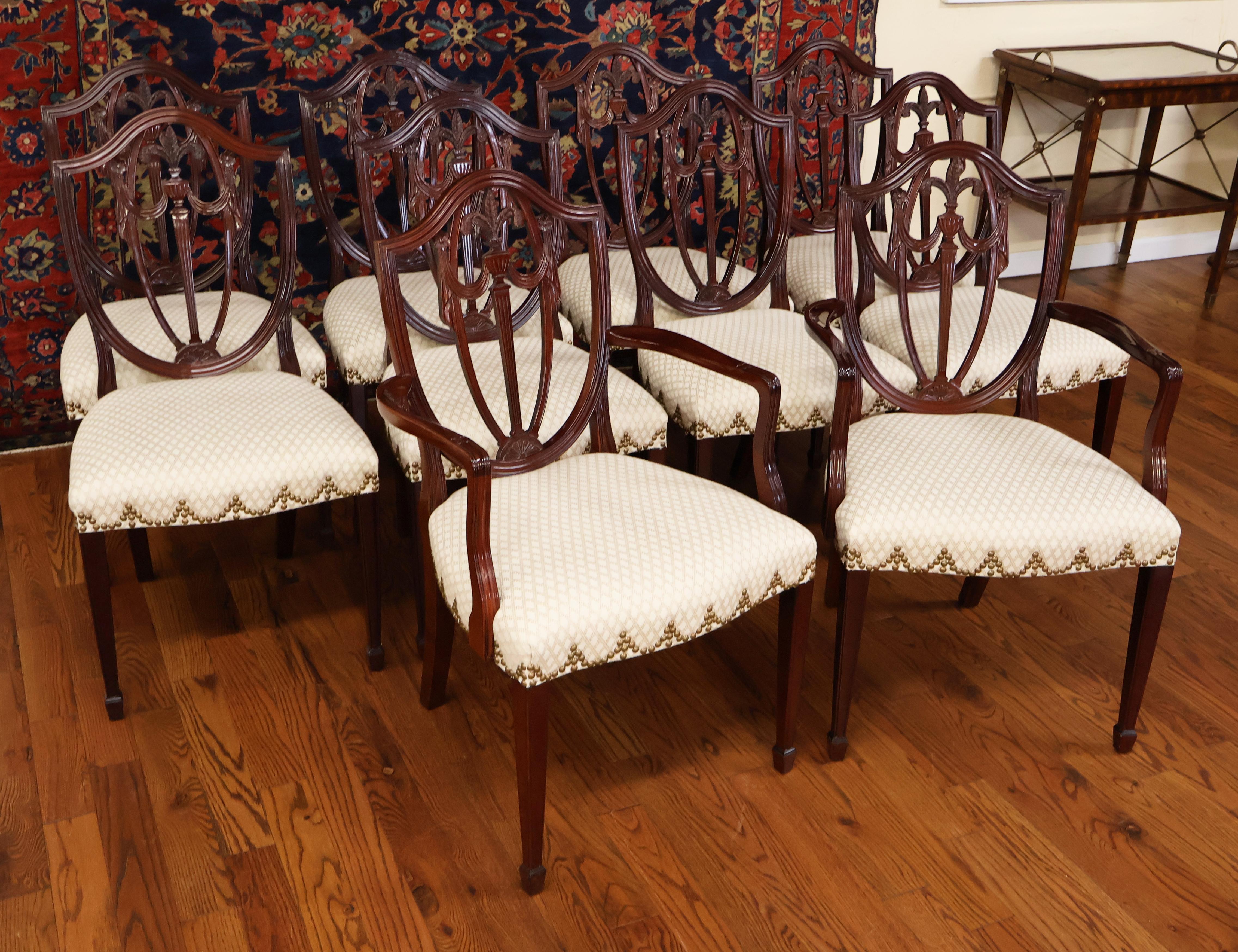 Hand-Carved Set of 10 Kindel Federal Style Shield Back Mahogany Dining Chairs 