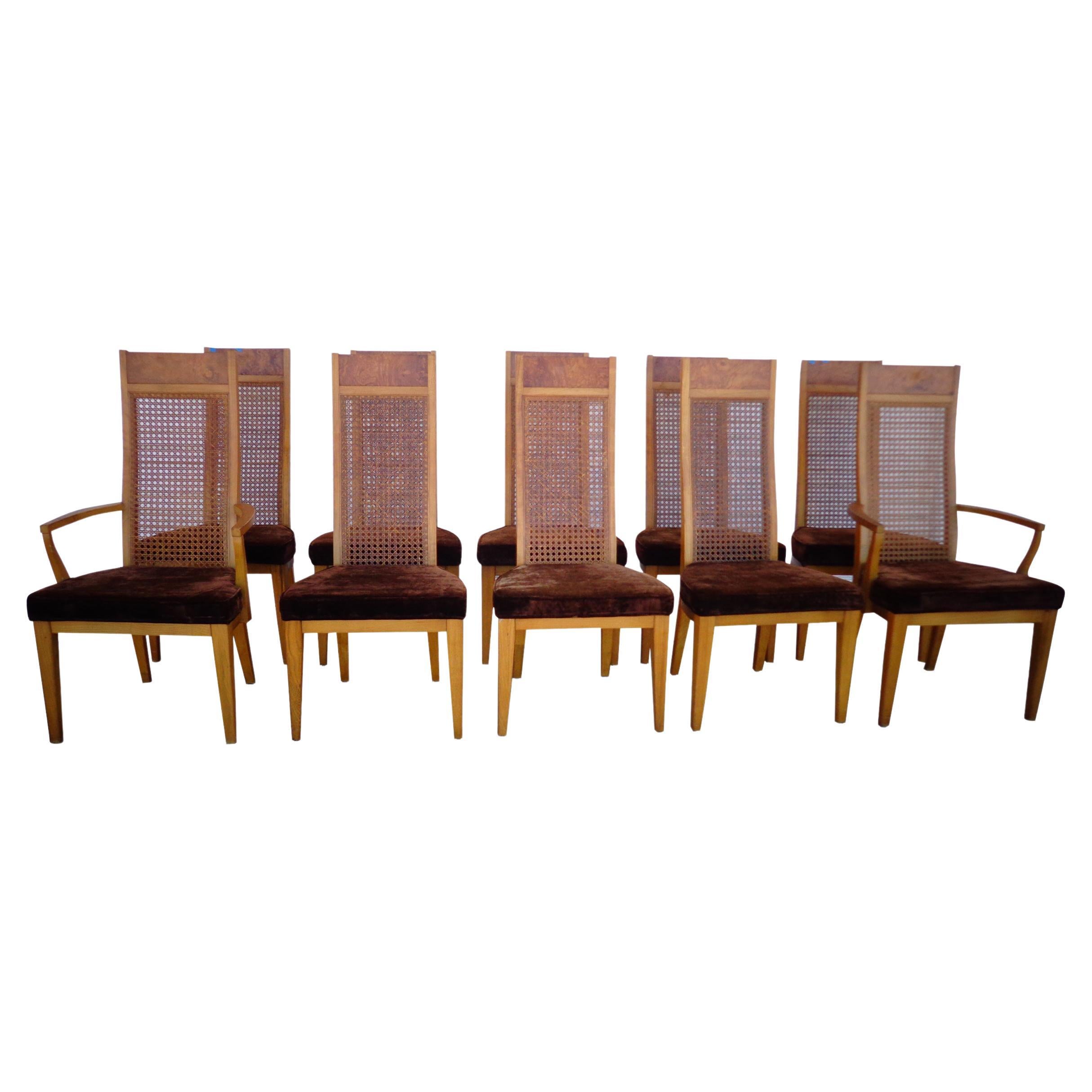 (1) High Back Dining Chairs by Lane Furniture 10 AVAILABLE

Rare set of high-back chairs in oak featuring cane backs and velvet upholstery.
Eight side and two armchairs.
 
