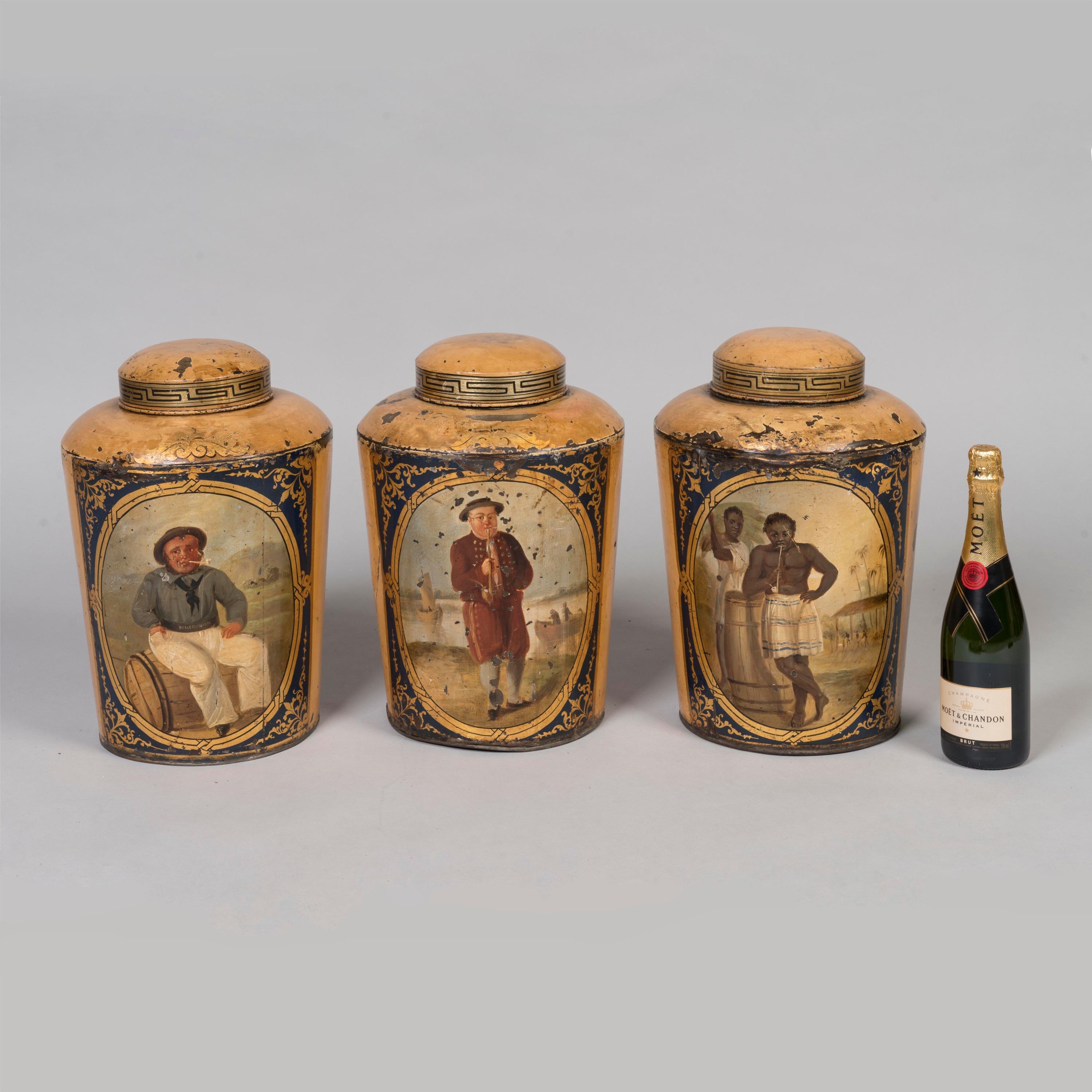 Set von 10 großen handbemalten Tabakdosen aus der Regency-Periode aus Zinn (Englisch) im Angebot