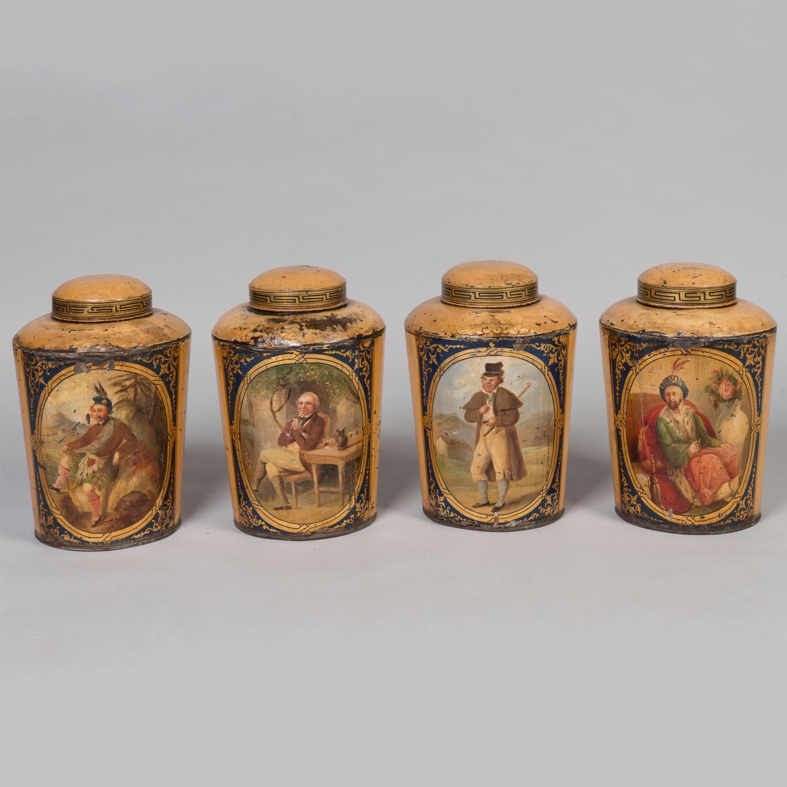 Set von 10 großen handbemalten Tabakdosen aus der Regency-Periode aus Zinn (Handbemalt) im Angebot