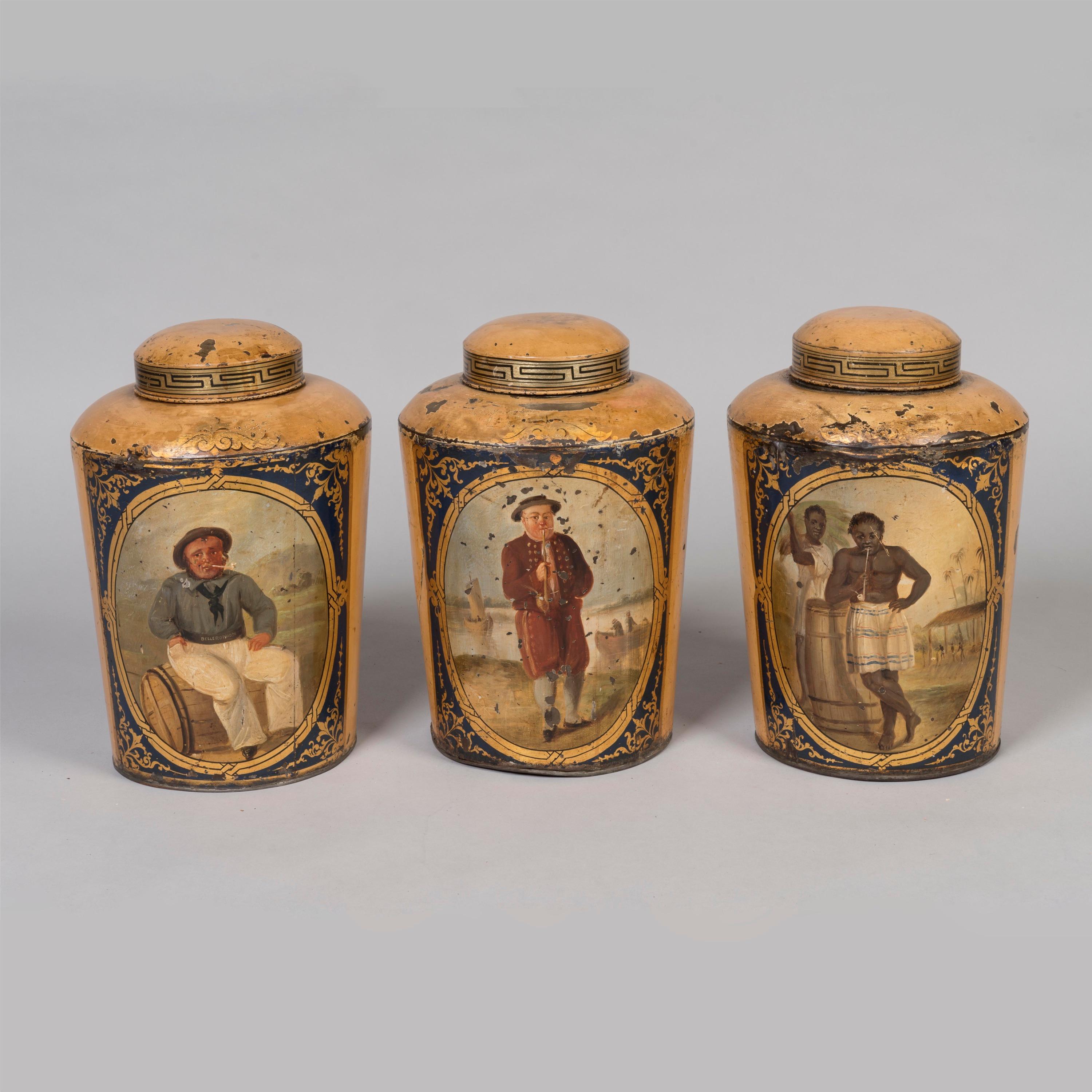 Set von 10 großen handbemalten Tabakdosen aus der Regency-Periode aus Zinn (19. Jahrhundert) im Angebot