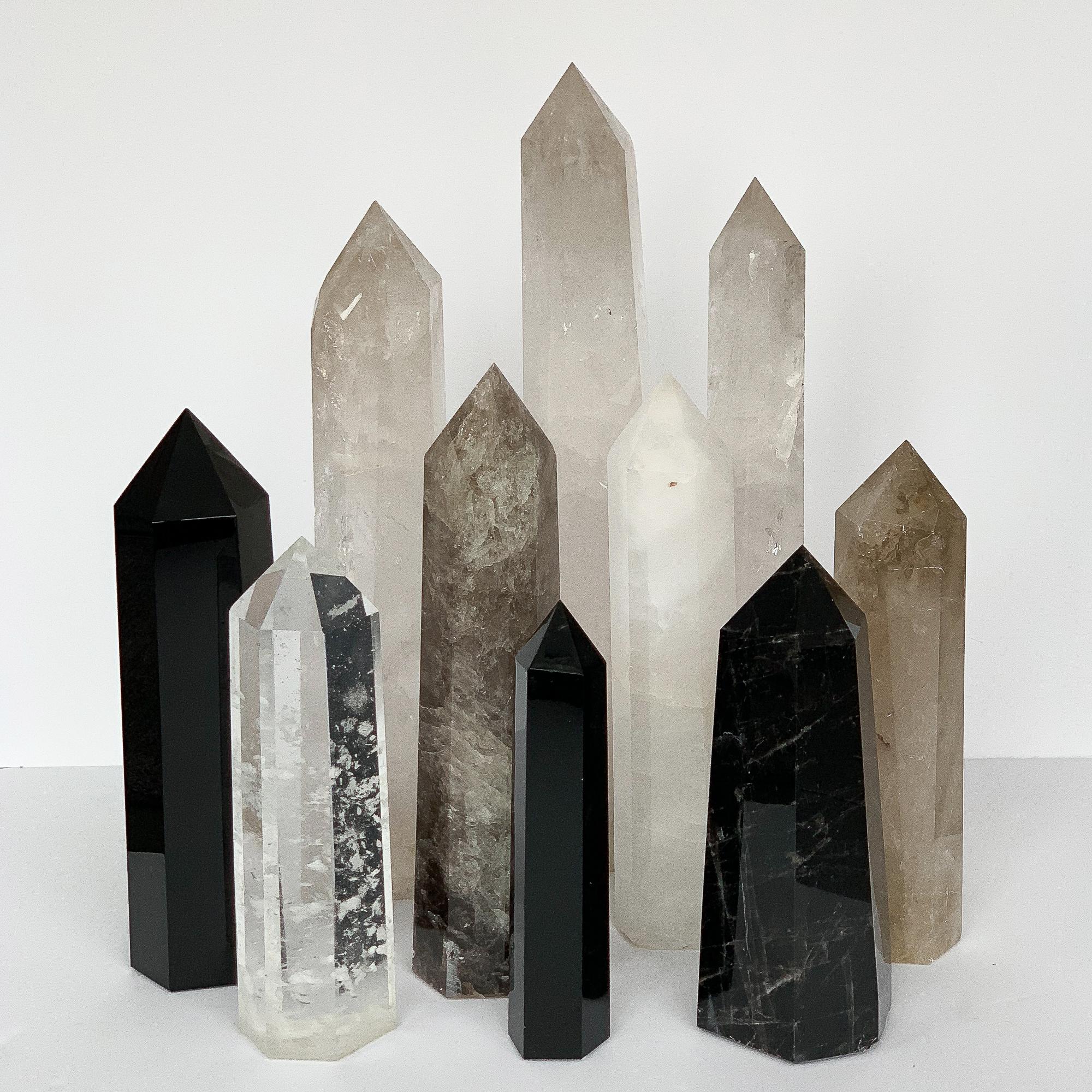 Modern Set of 10 Large Quartz and Obsidian Crystal Obelisks