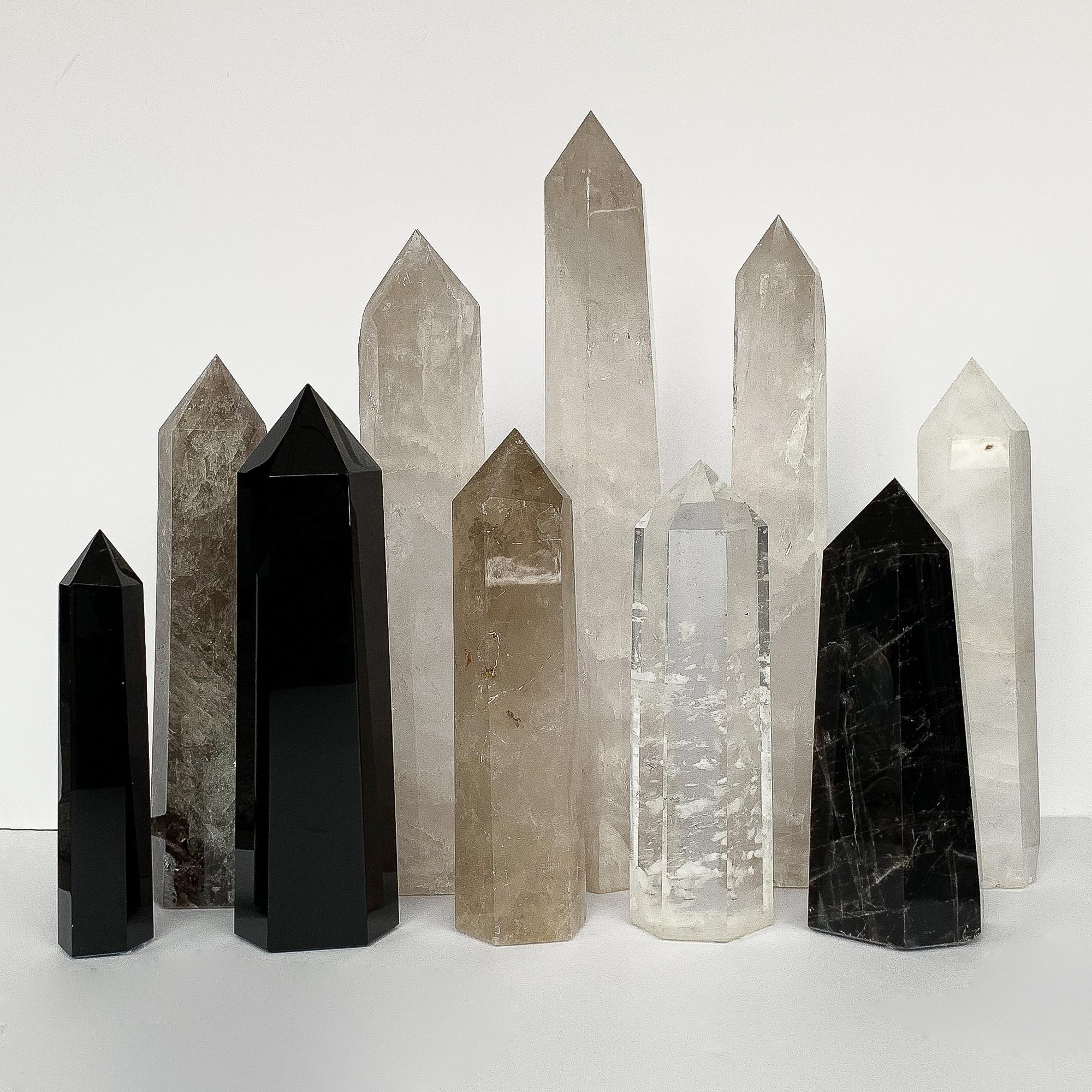 Brazilian Set of 10 Large Quartz and Obsidian Crystal Obelisks