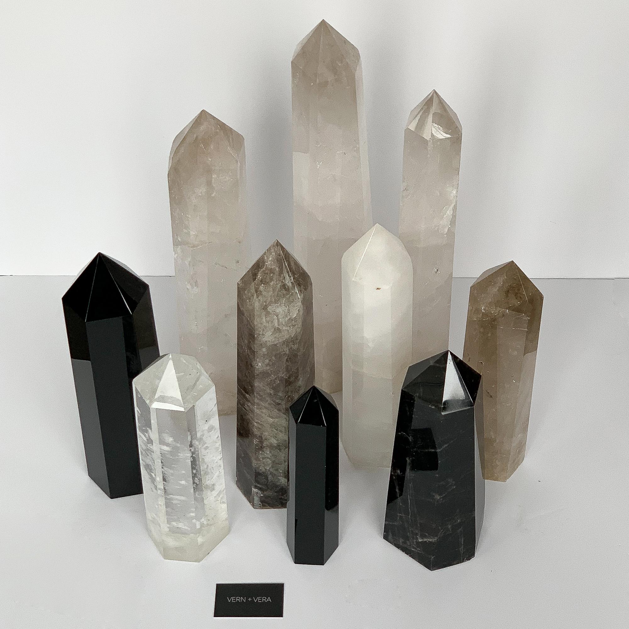 Set of 10 Large Quartz and Obsidian Crystal Obelisks In Excellent Condition In Chicago, IL