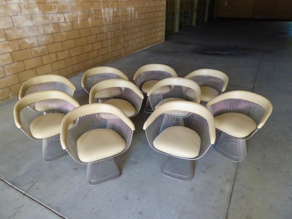 Plated Set of 10 Leather Upholstered Dining Chairs Designed by Warren Platner for Knoll For Sale