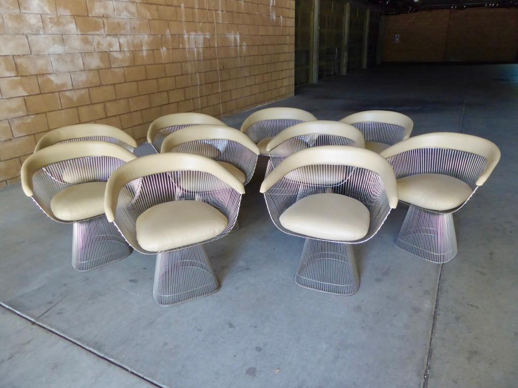 Set of 10 Leather Upholstered Dining Chairs Designed by Warren Platner for Knoll In Good Condition For Sale In Palm Springs, CA