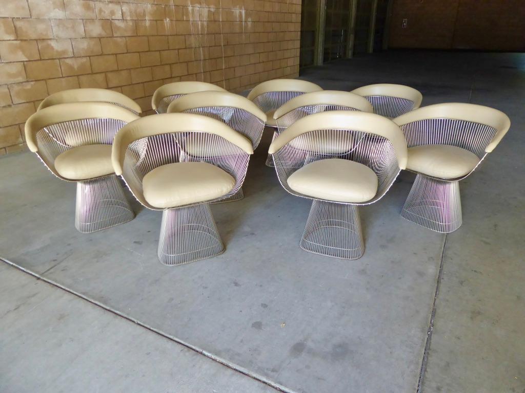 Nickel Set of 10 Leather Upholstered Dining Chairs Designed by Warren Platner for Knoll For Sale