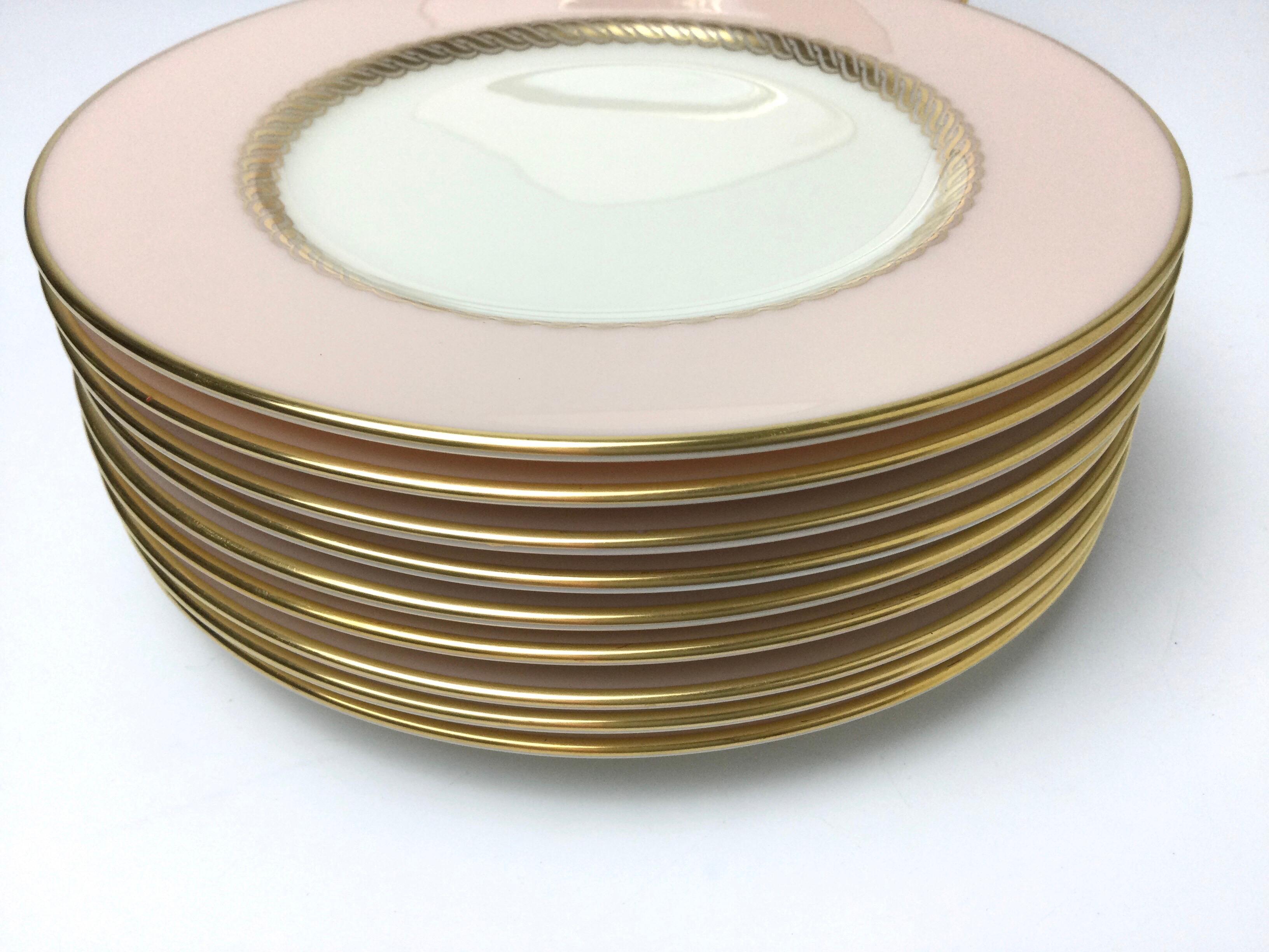 American Set of 10 Lenox Caribbee Service Bread Plates with Pink and Gilt Borders