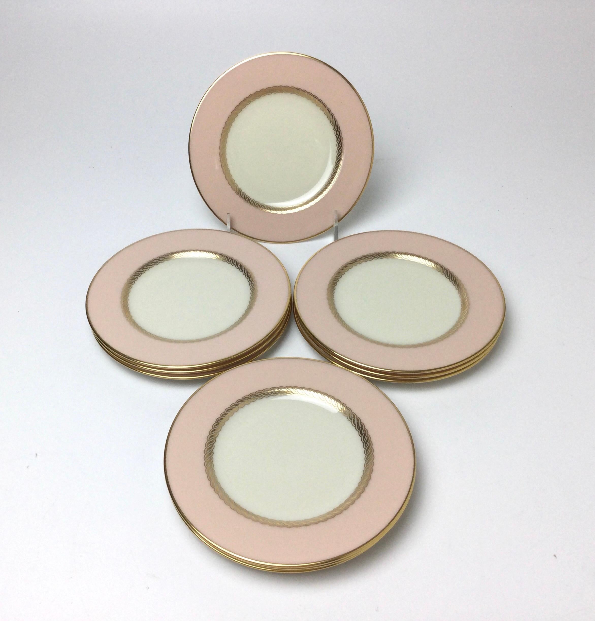 Set of 10 Lenox Caribbee Service Bread Plates with Pink and Gilt Borders In Excellent Condition In Lambertville, NJ