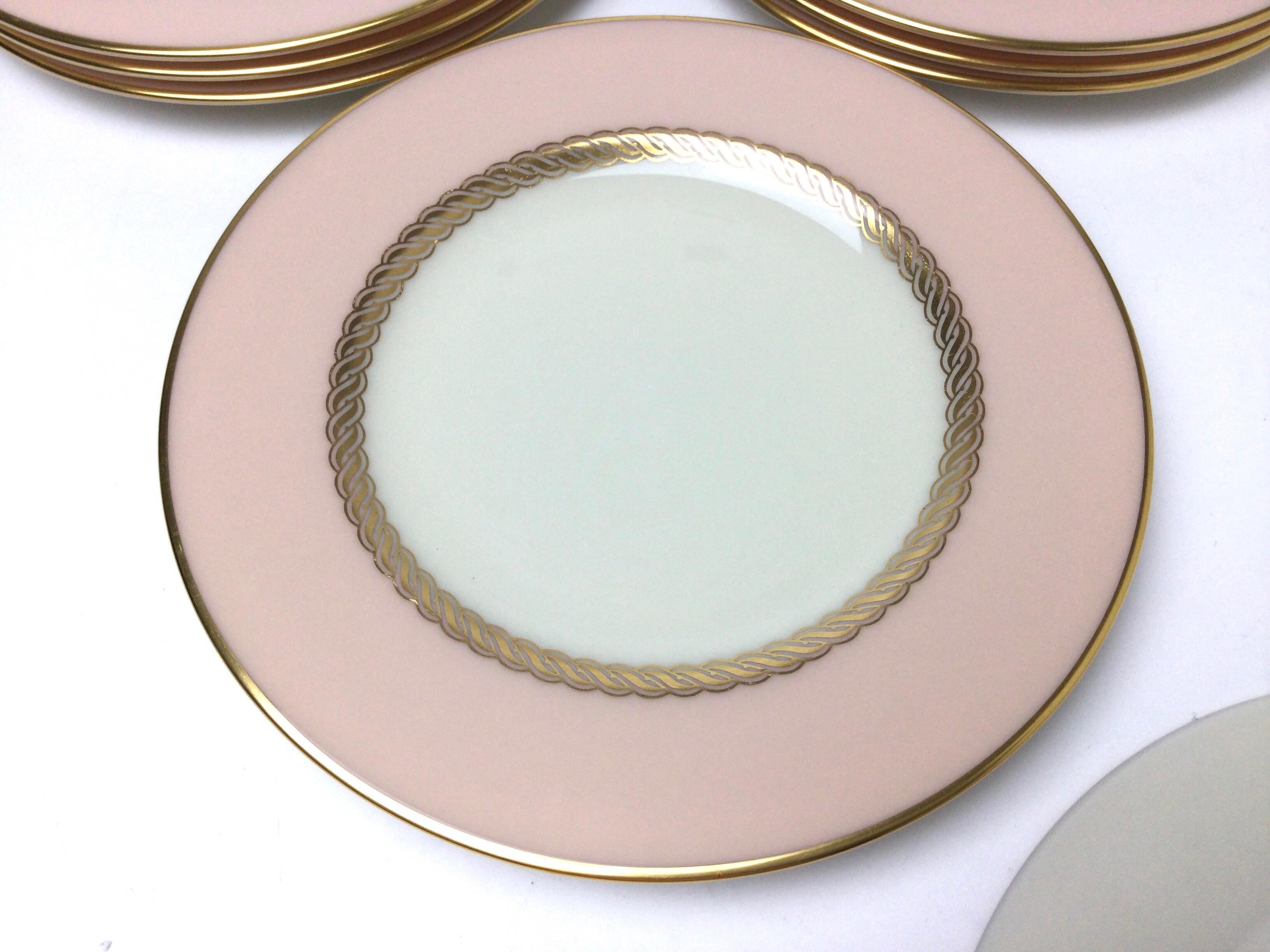 Porcelain Set of 10 Lenox Caribbee Service Bread Plates with Pink and Gilt Borders