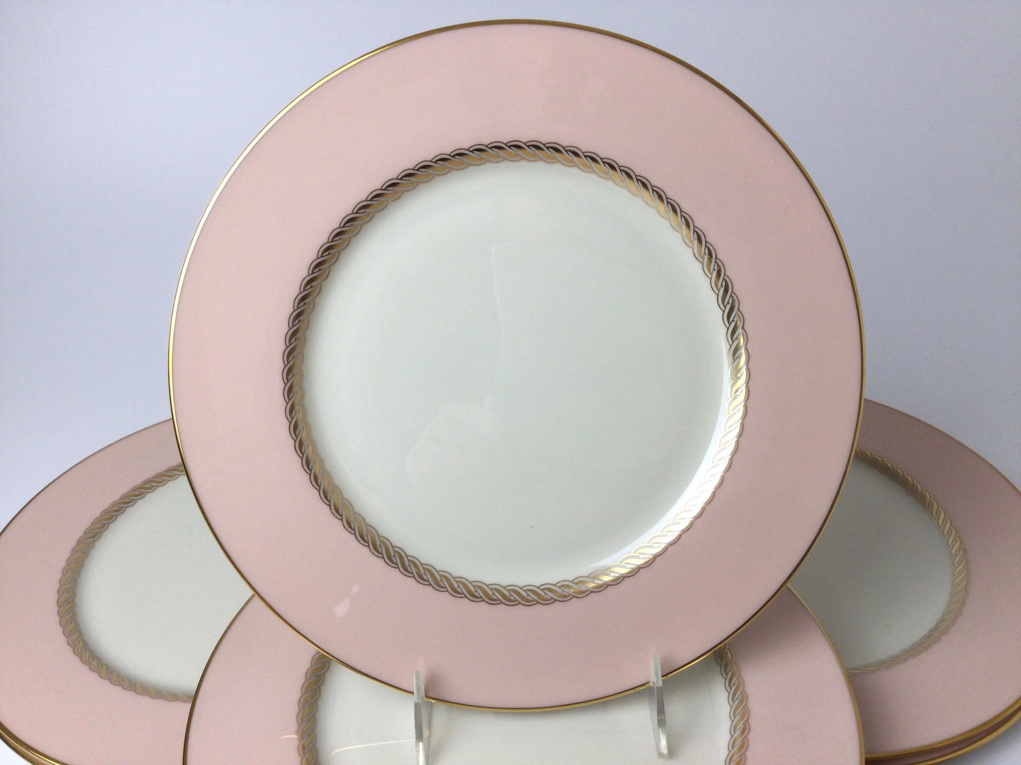 American Set of 10 Lenox Caribbee Service Dinner Plates with Pink and Gilt Borders