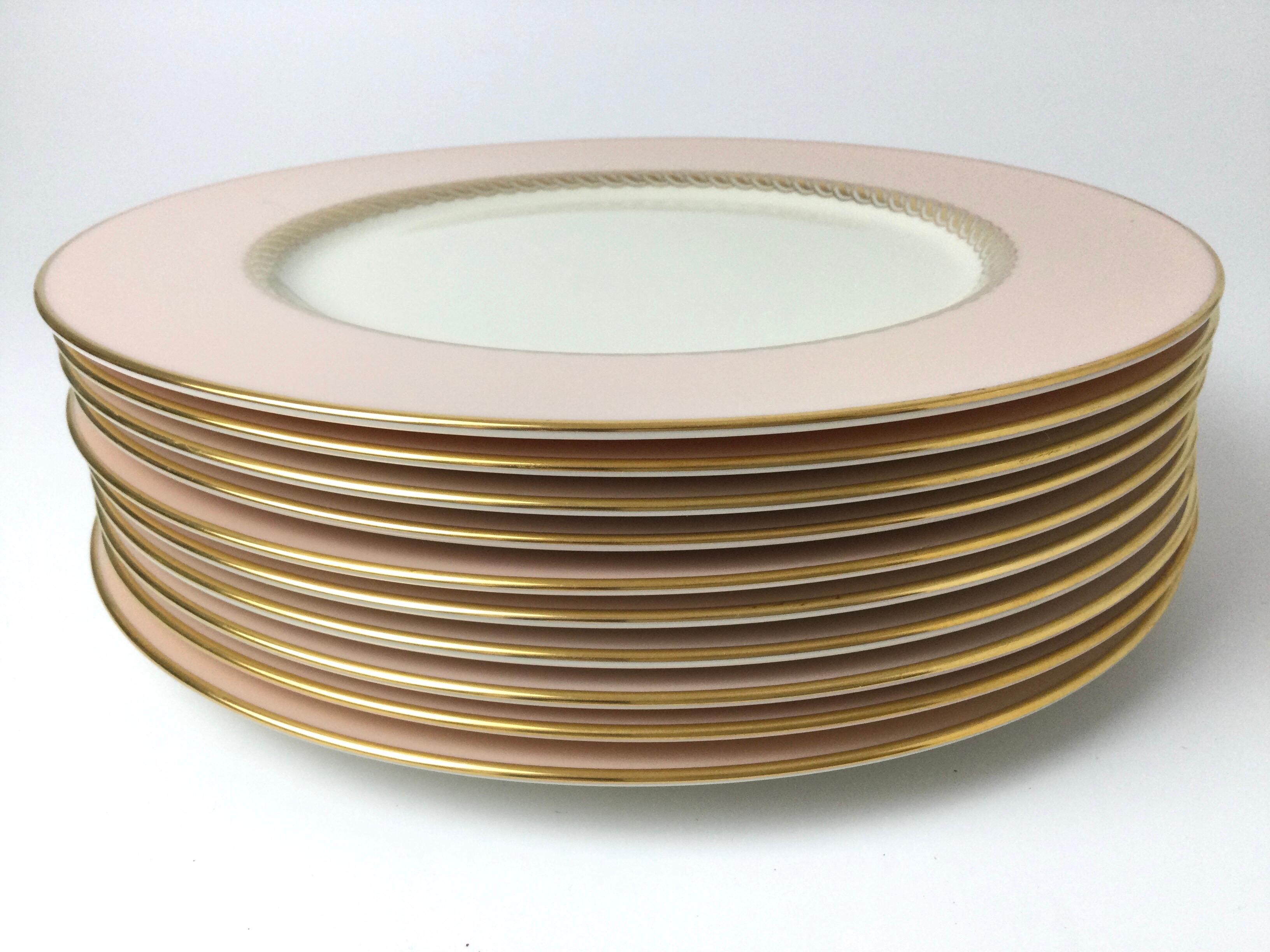 Mid-20th Century Set of 10 Lenox Caribbee Service Dinner Plates with Pink and Gilt Borders