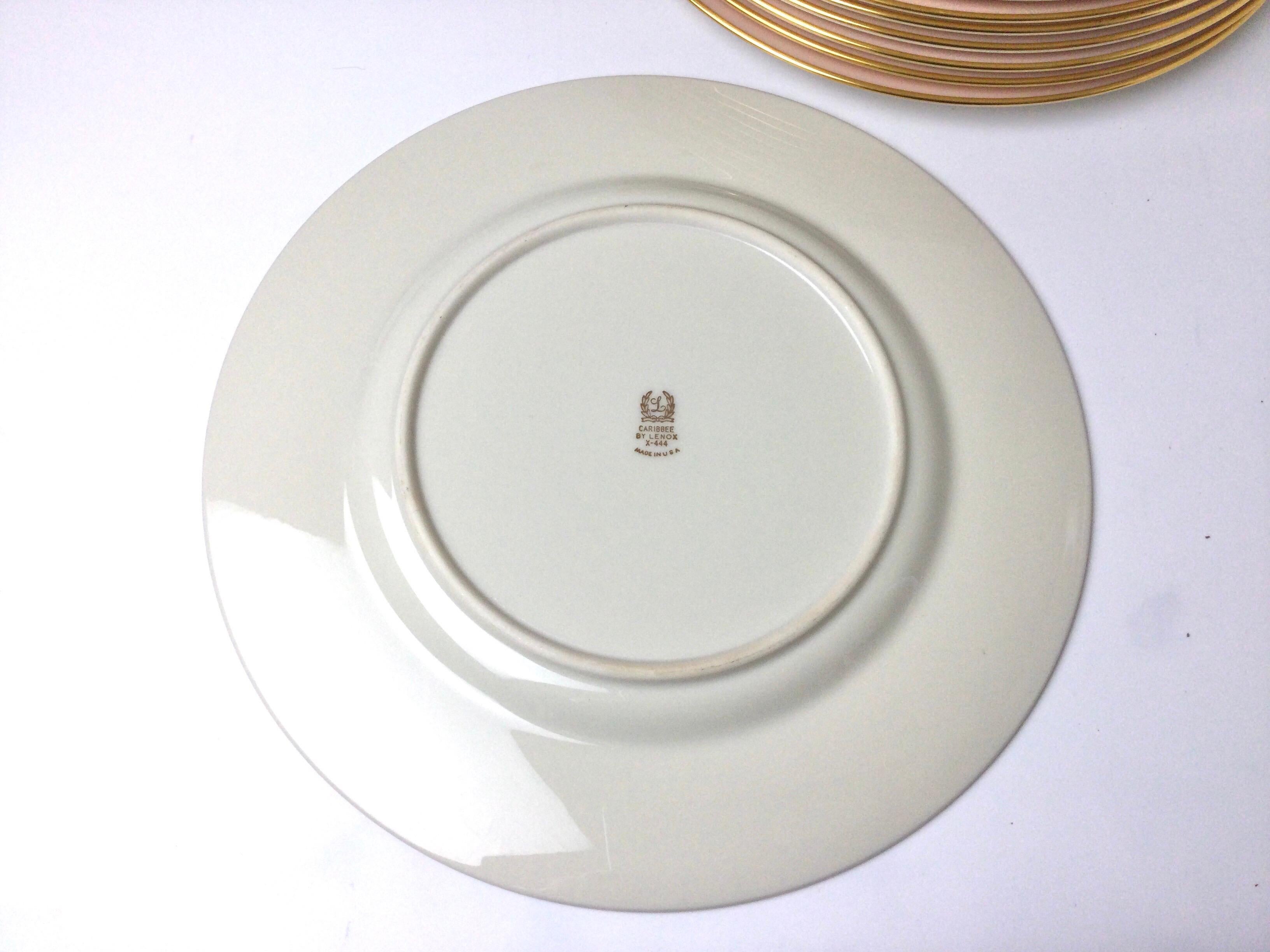 Set of 10 Lenox Caribbee Service Dinner Plates with Pink and Gilt Borders 1