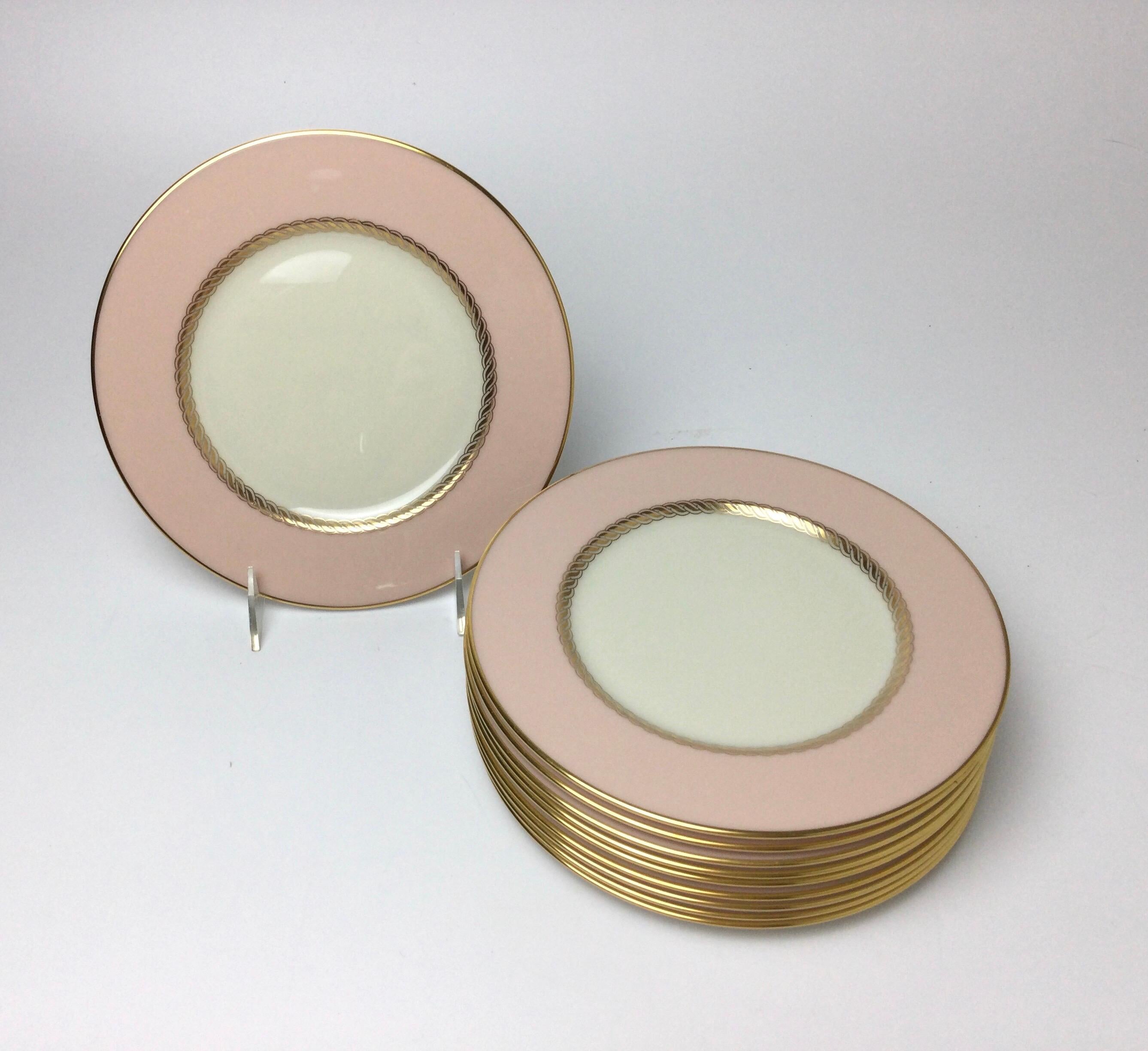 Set of 10 Lenox Caribbee Service Luncheon plates with pink and gilt borders. 8 1/4