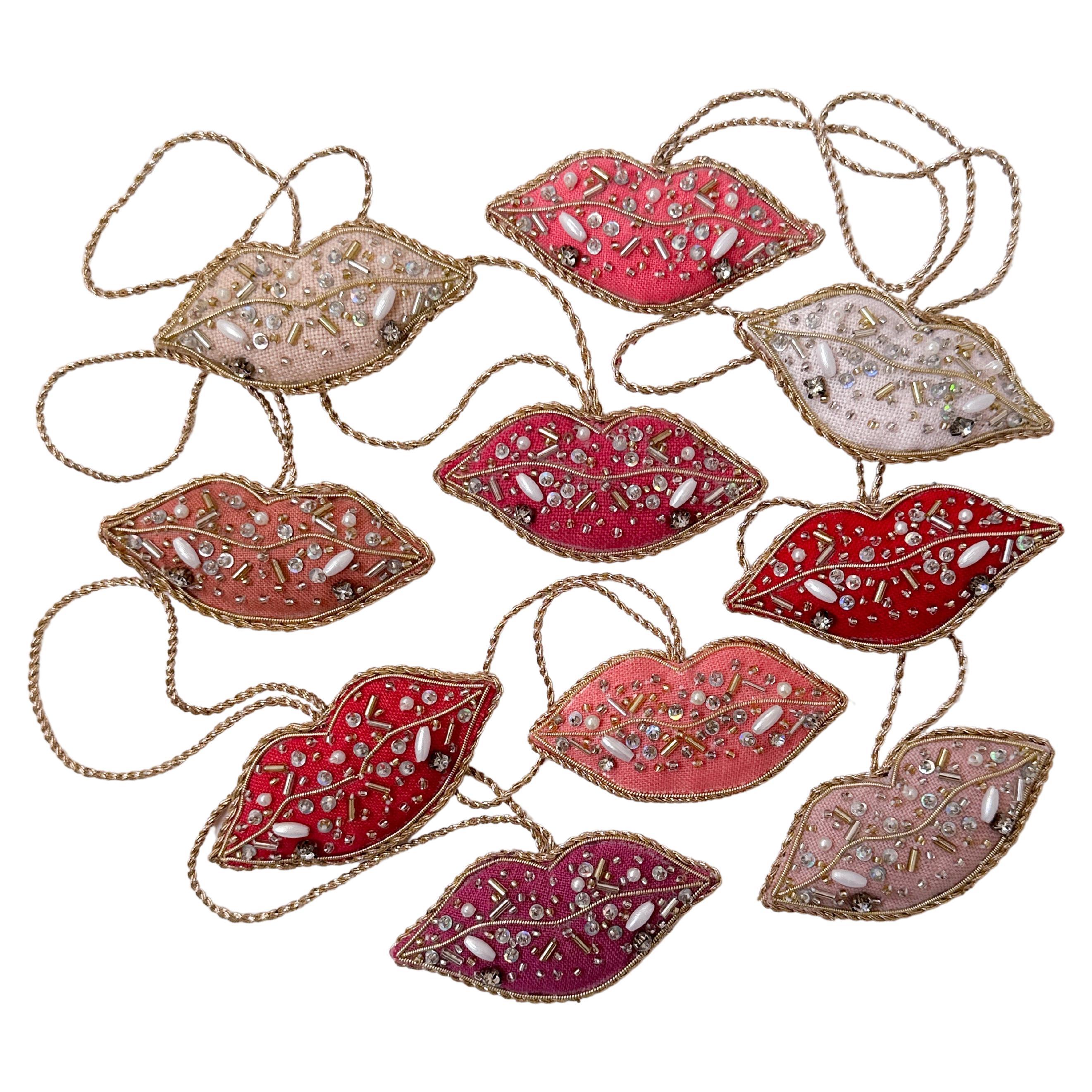 Set of 10 Limited Edition Artisan Irish Linen Lips Ornament Pink Red Valentine