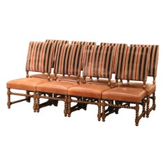 Set of 10 Louis XIII Style Walnut and Leather Dining Room Chairs