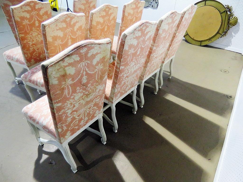 Upholstery Set of 10 Distressed Painted French Mutton Leg Style Dining Side Chairs For Sale