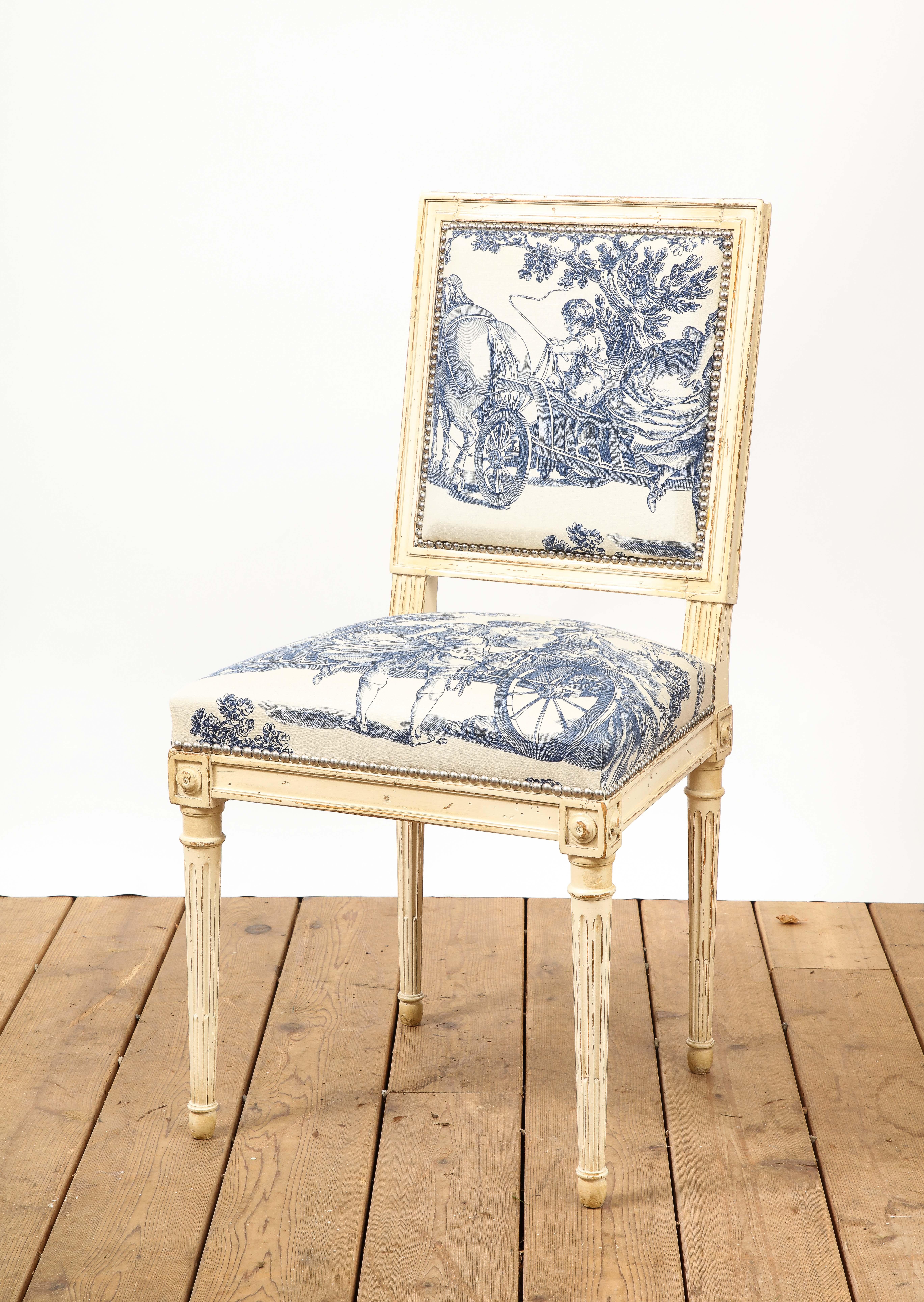 Set of 10 Louis XVI Style Cream Painted & Toile Dining Chairs 6